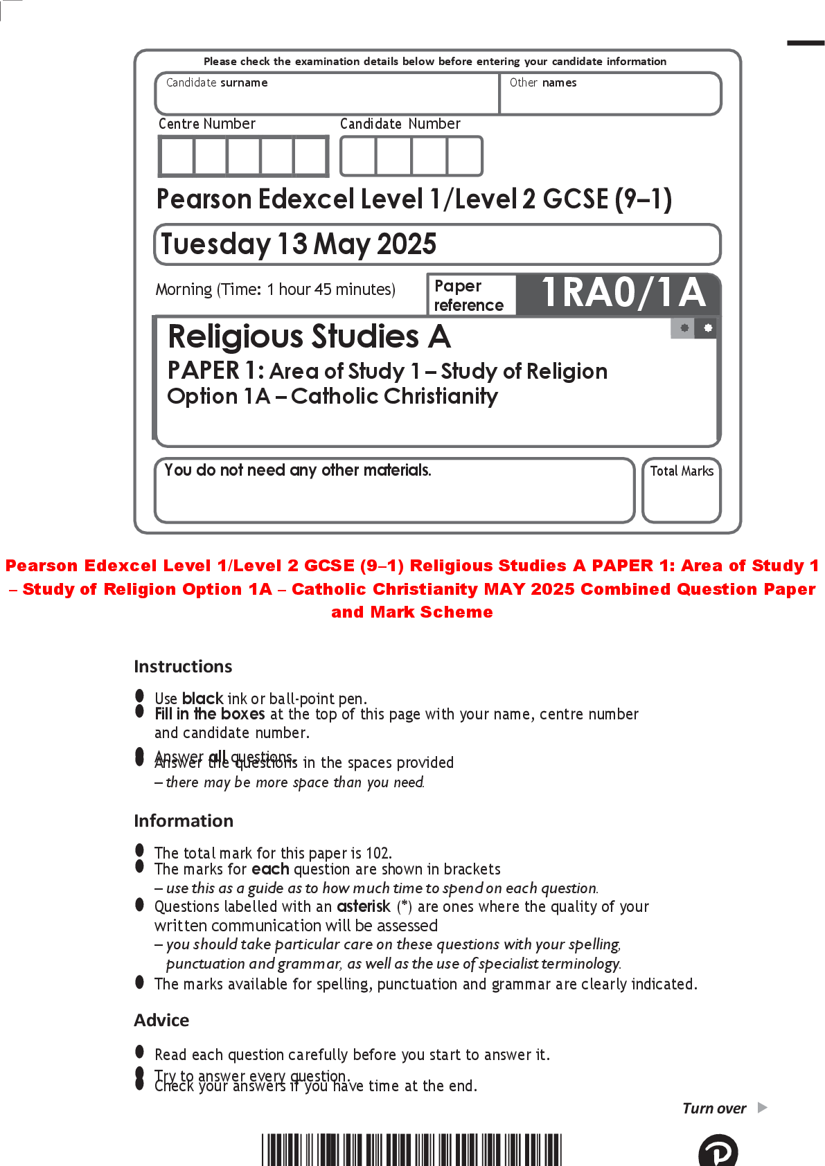 Preview of Pearson Edexcel Level 1/Level 2 GCSE (9–1) Religious Studies A PAPER 1: Area of Study 1 –
