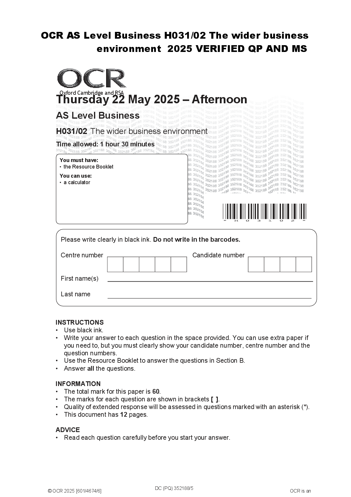 Recommended document preview for OCR AS Level Business H031/02 The wider business  environment  2025 VERIFIED QP AND MS