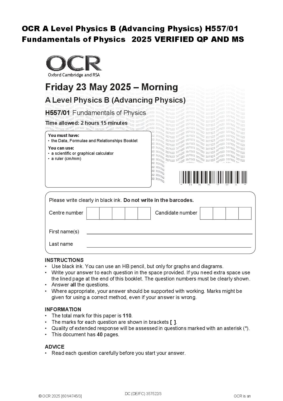 Recommended document preview for OCR A Level Physics B (Advancing Physics) H557/01  Fundamentals of Physics  2025 VERIFIED QP AND MS
