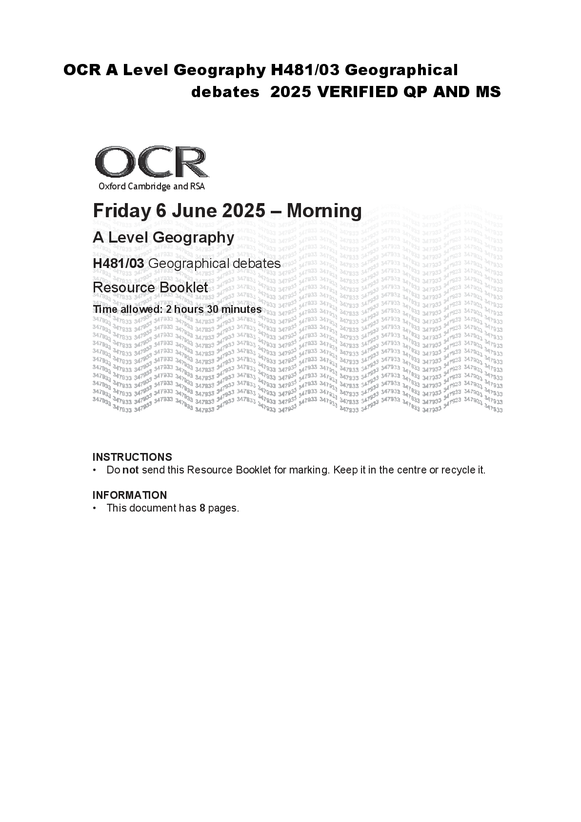 Preview of OCR A Level Geography H481/03 Geographical  debates  2025 VERIFIED QP AND MS