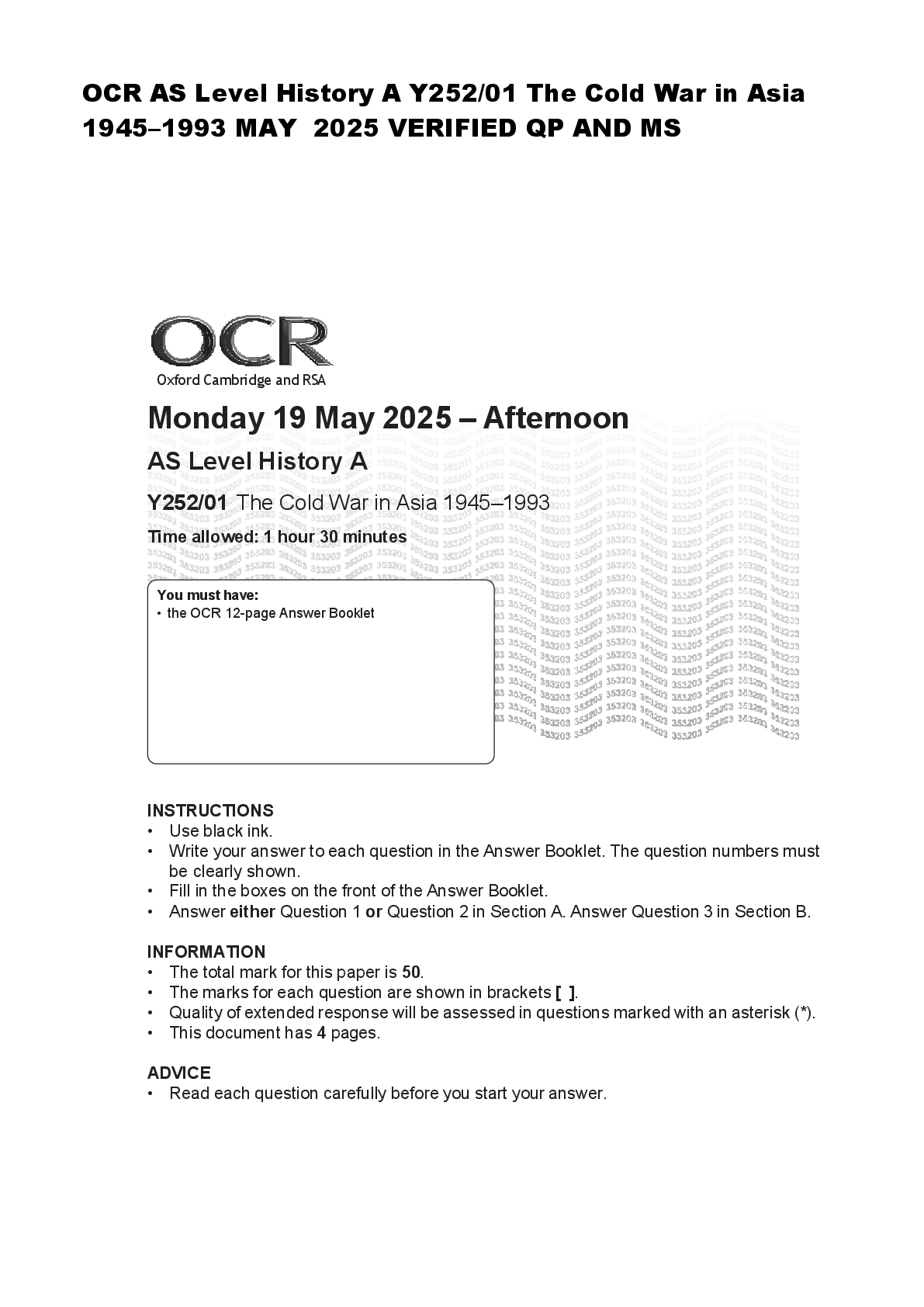 Recommended document preview for OCR AS Level History A Y252/01 The Cold War in Asia  1945–1993 MAY  2025 VERIFIED QP AND M