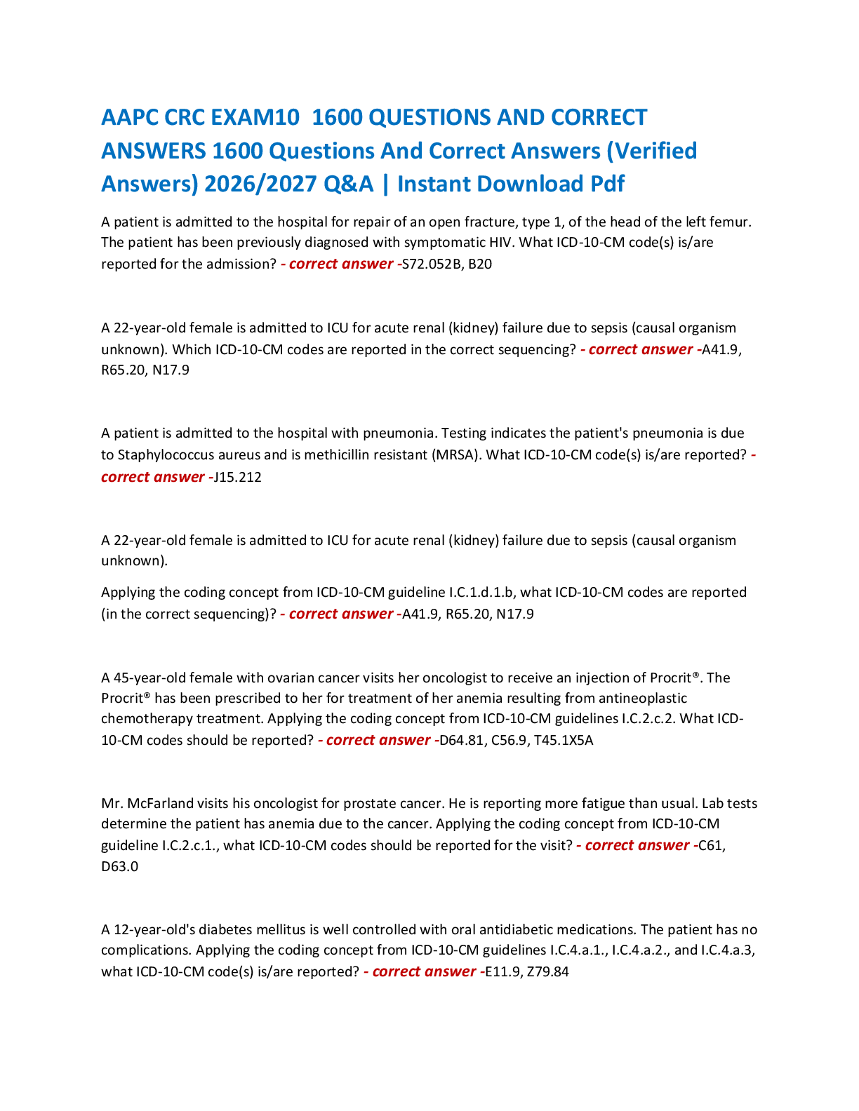 Recommended document preview for AAPC CRC EXAM10  1600 QUESTIONS AND CORRECT  ANSWERS 1600 Questions And Correct Answers (Verified  Answers) 2026/2027 Q&A | Instant Download Pdf