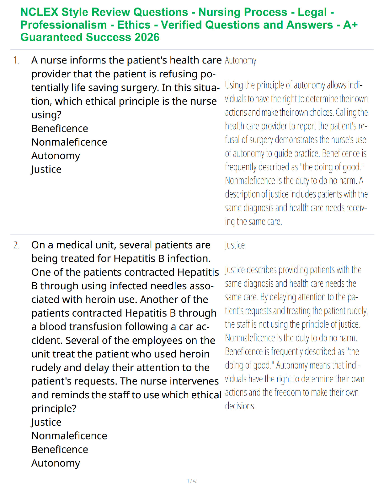 Recommended document preview for NCLEX Style Review Questions - Nursing Process - Legal - Professionalism - Ethics - Verified Questions and Answers - A+ Guaranteed Success 2026