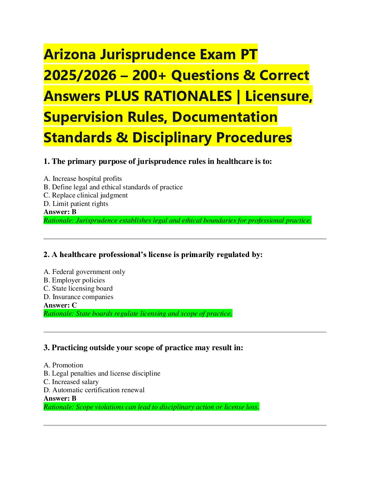 Recommended document preview for Arizona Jurisprudence Exam PT  2025/2026 – 200+ Questions & Correct  Answers PLUS RATIONALES | Licensure,  Supervision Rules, Documentation  Standards & Disciplinary Procedures
