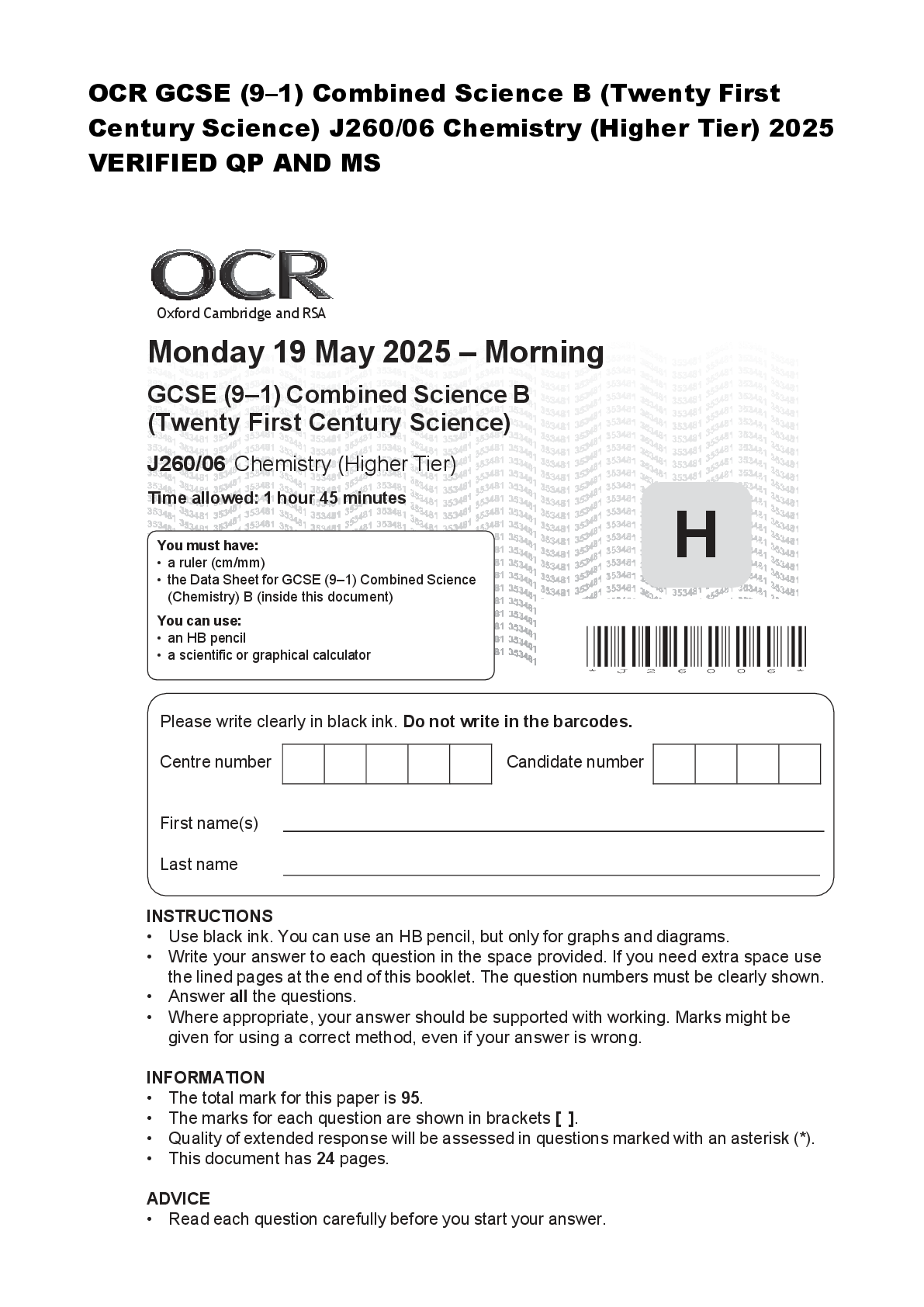 Preview of OCR GCSE (9–1) Combined Science B (Twenty First  Century Science) J260/06 Chemistry (Higher Tier) 2025  VERIFIED QP AND MS