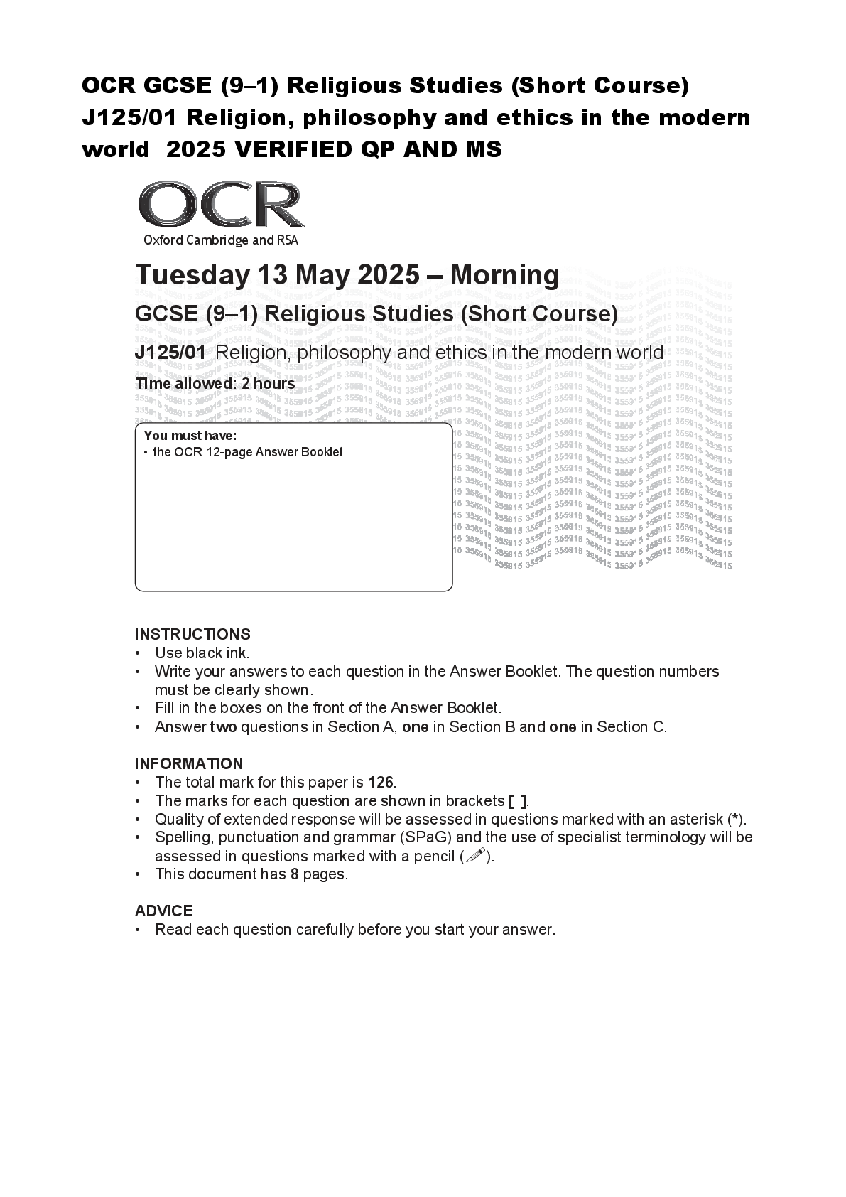 Recommended document preview for OCR GCSE (9–1) Religious Studies (Short Course)  J125/01 Religion, philosophy and ethics in the modern  world  2025 VERIFIED QP AND MS
