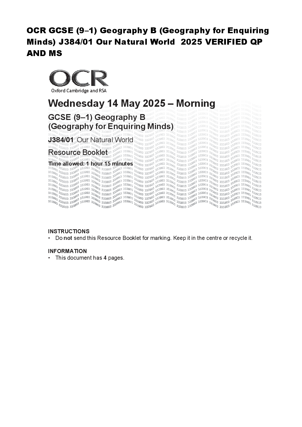 Preview of OCR GCSE (9–1) Geography B (Geography for Enquiring  Minds) J384/01 Our Natural World  2025 VERIFIED QP  AND MS