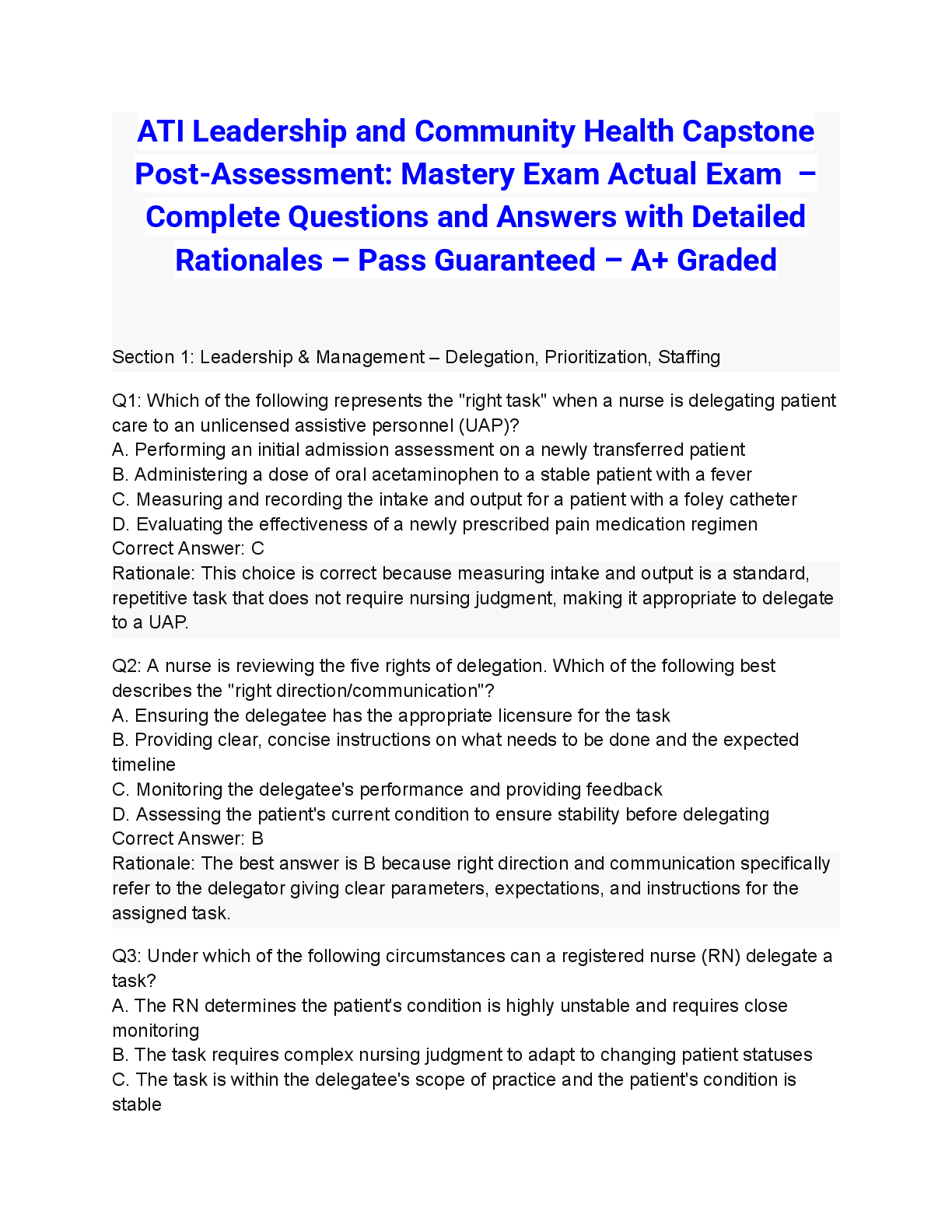 Preview of ATI Leadership and Community Health Capstone Post-Assessment: Mastery Exam Actual Exam 2026/2027 – Complete Questions and Answers with Detailed Rationales – Pass Guaranteed – A+ Graded