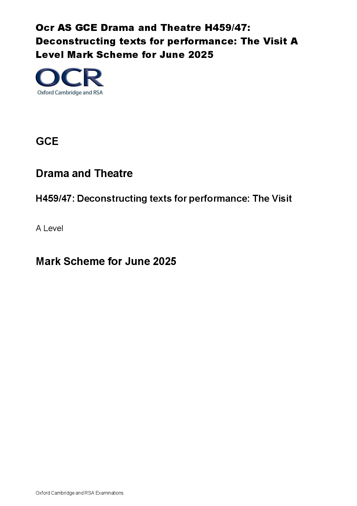 Recommended document preview for Ocr AS GCE Drama and Theatre H459/47:  Deconstructing texts for performance: The Visit A  Level Mark Scheme for June 2025