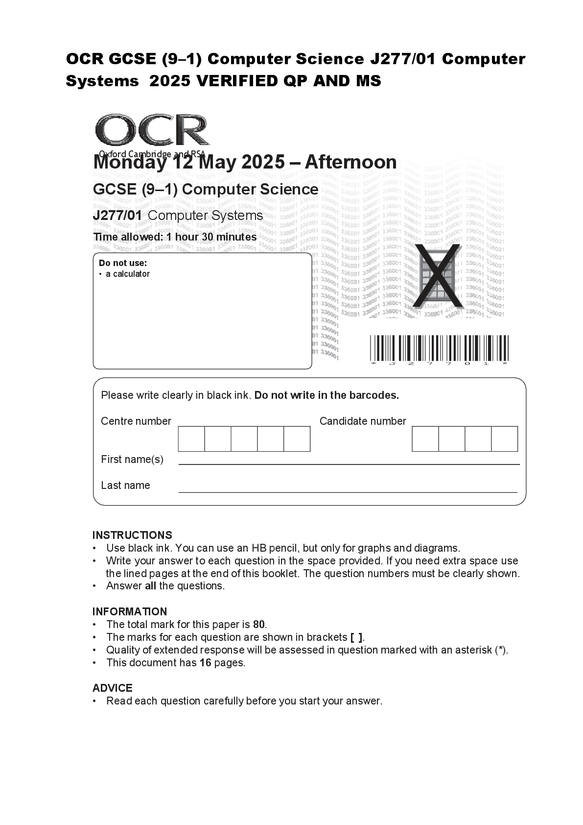 Preview of OCR GCSE (9–1) Computer Science J277/01 Computer  Systems  2025 VERIFIED QP AND MS