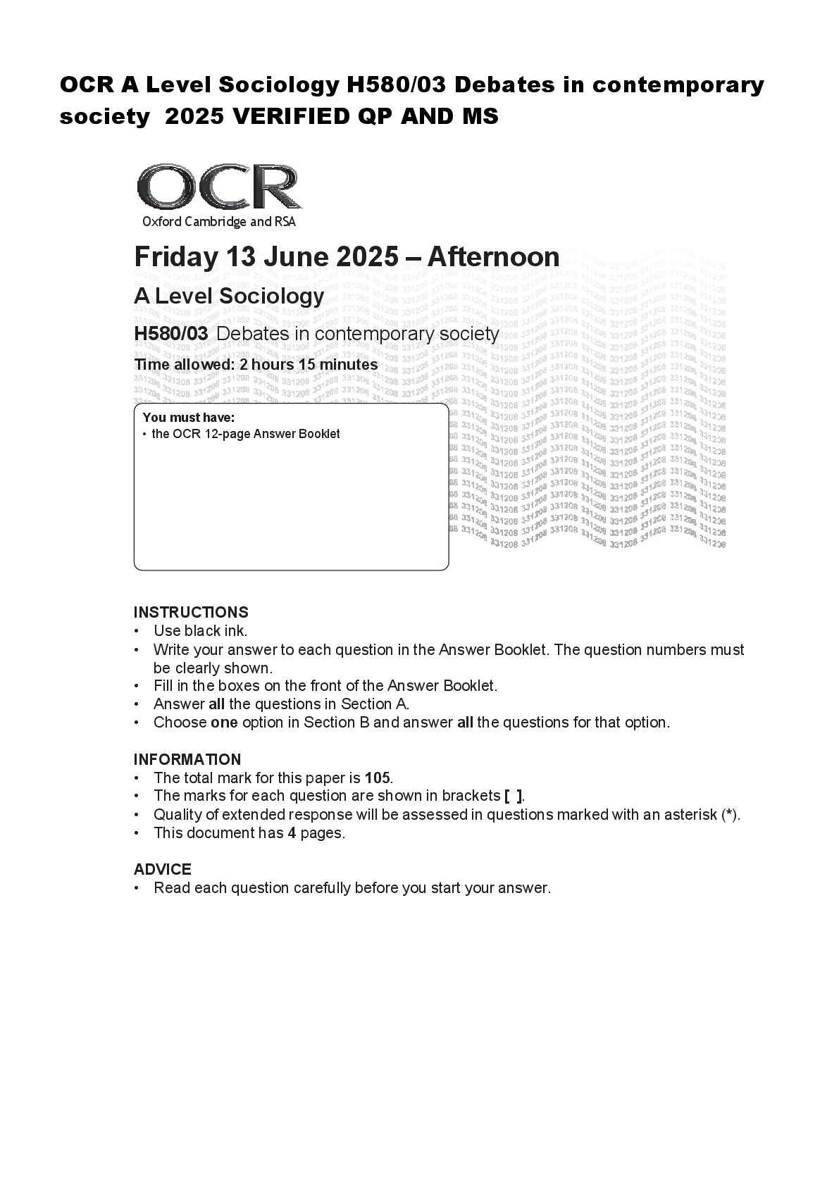 Recommended document preview for OCR A Level Sociology H580/03 Debates in contemporary  society  2025 VERIFIED QP AND MS