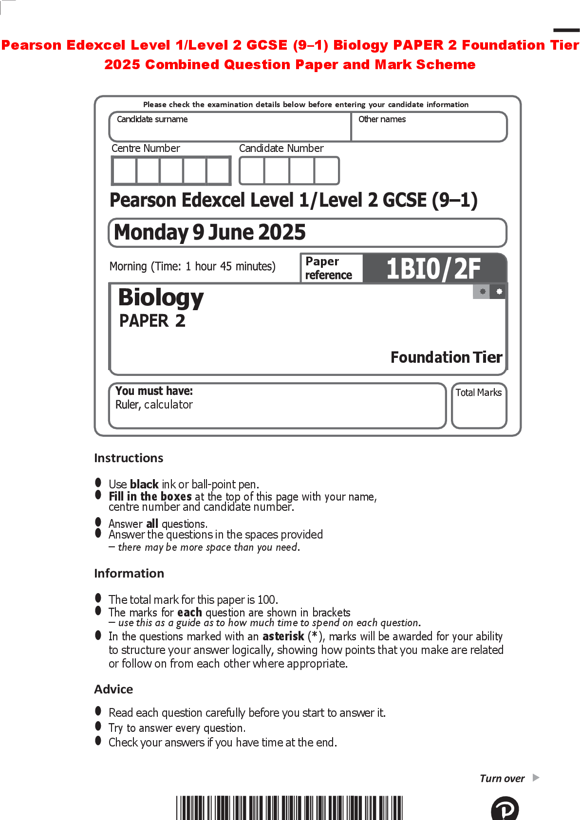 Recommended document preview for Pearson Edexcel Level 1/Level 2 GCSE (9–1) Biology PAPER 2 Foundation Tier 2025 Combined Question Paper and Mark Scheme 