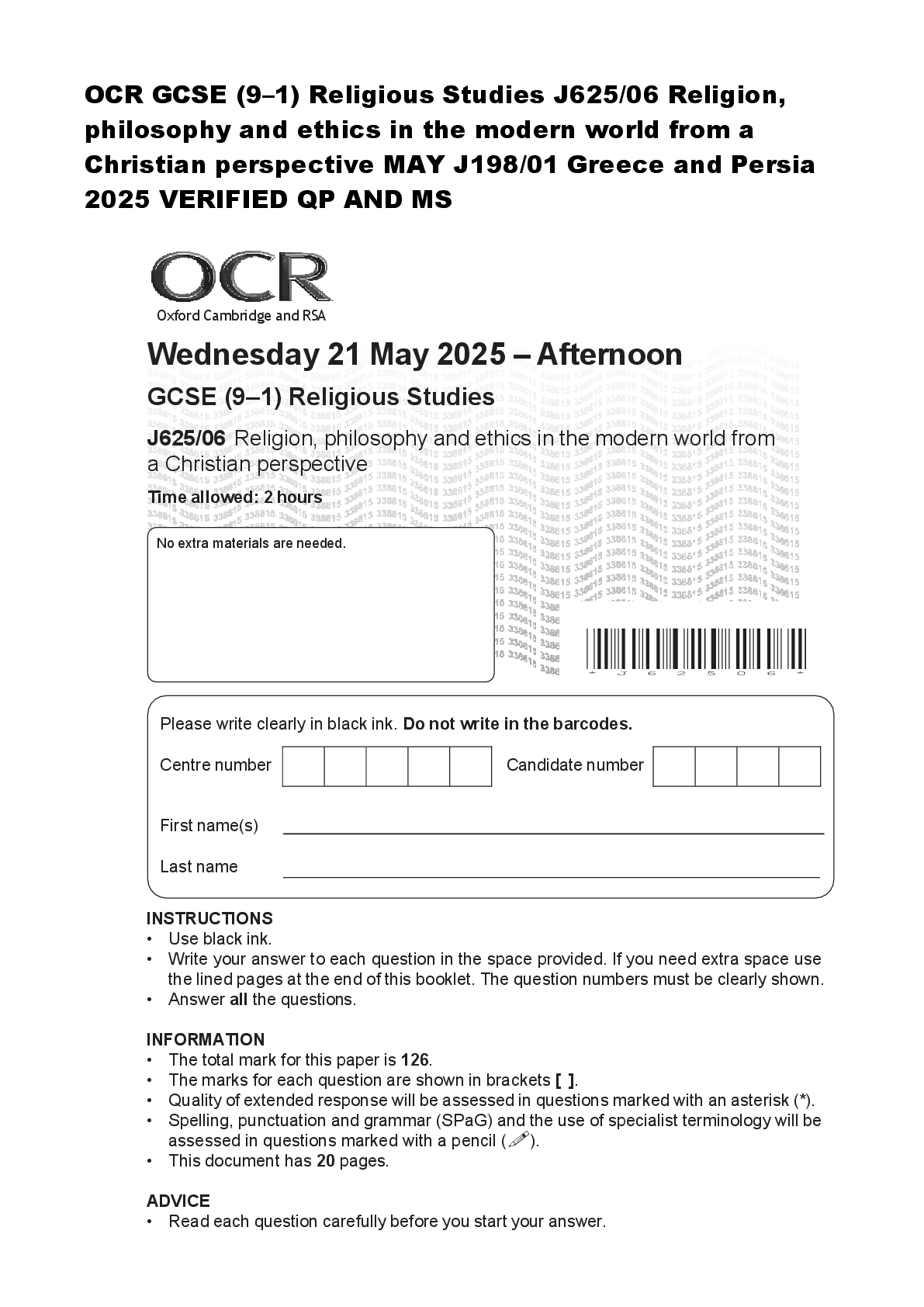 Recommended document preview for OCR GCSE (9–1) Religious Studies J625/06 Religion,  philosophy and ethics in the modern world from a  Christian perspective MAY J198/01 Greece and Persia   2025 VERIFIED QP AND MS
