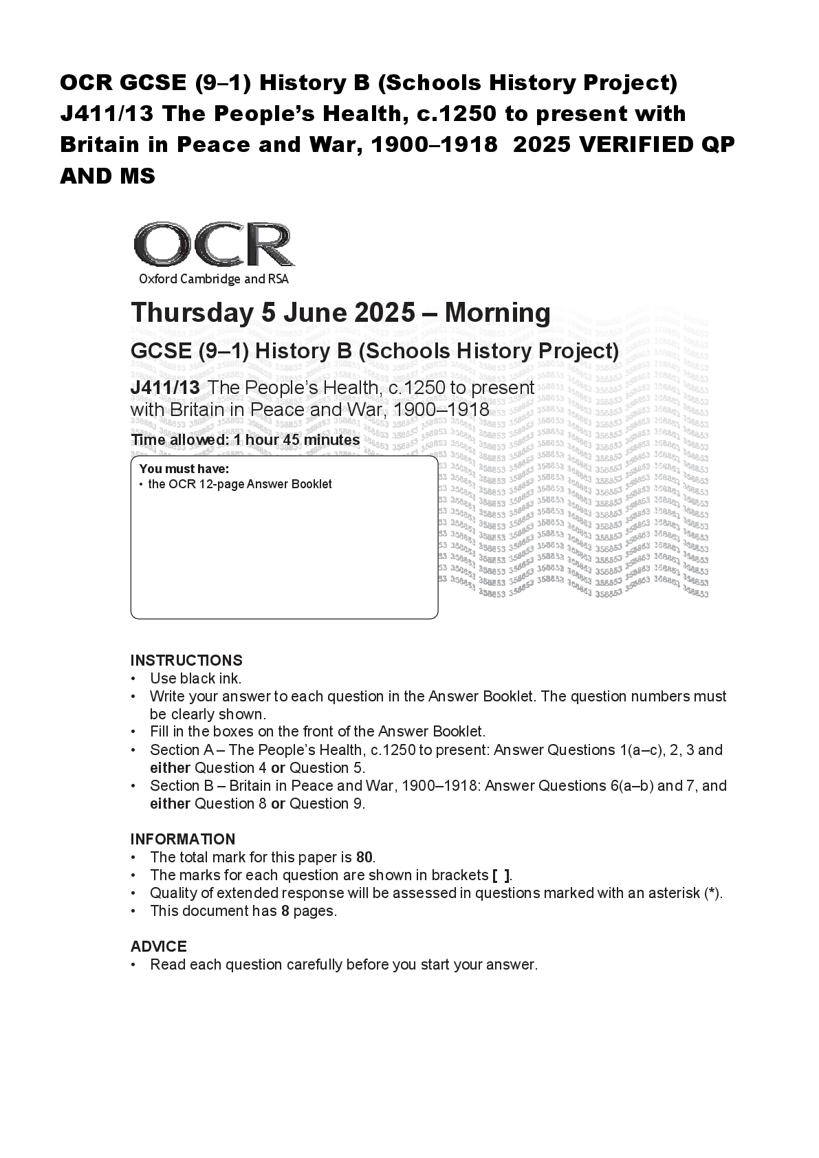 Recommended document preview for OCR GCSE (9–1) History B (Schools History Project)  J411/13 The People’s Health, c.1250 to present with  Britain in Peace and War, 1900–1918  2025 VERIFIED QP  AND MS