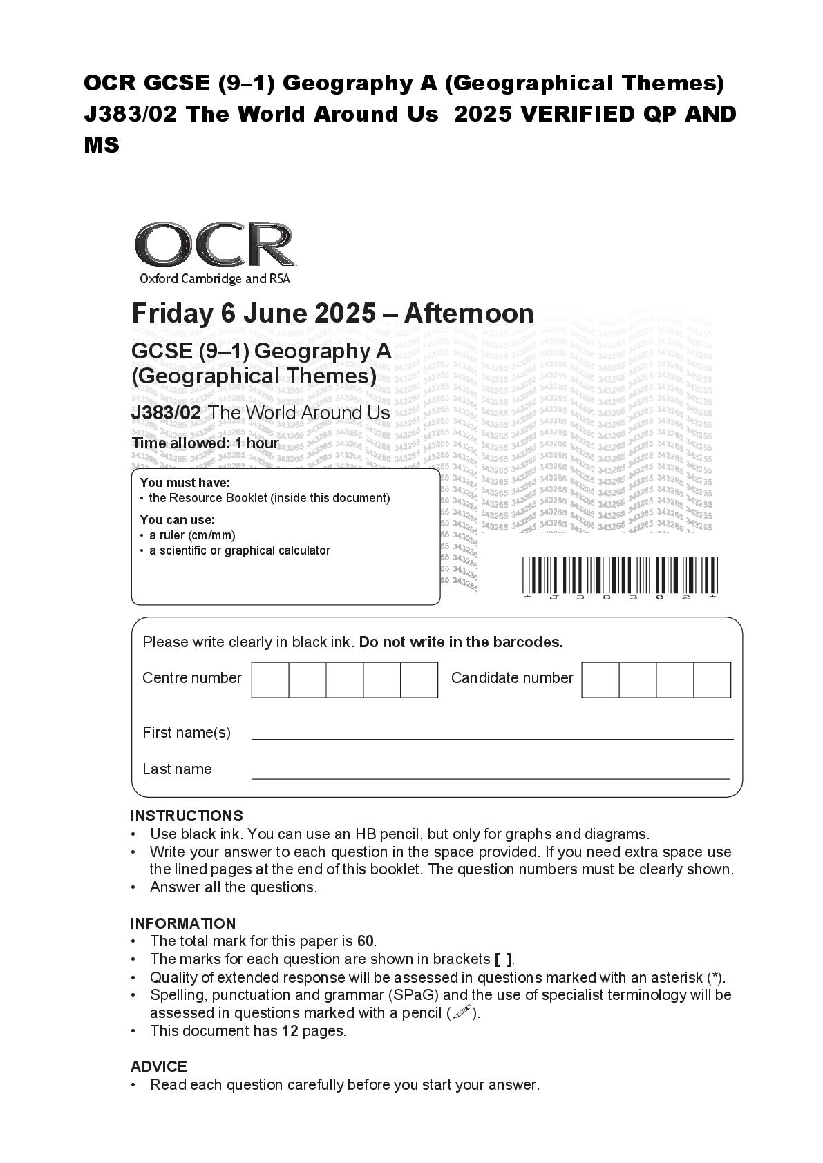 Recommended document preview for OCR GCSE (9–1) Geography A (Geographical Themes)  J383/02 The World Around Us  2025 VERIFIED QP AND  MS