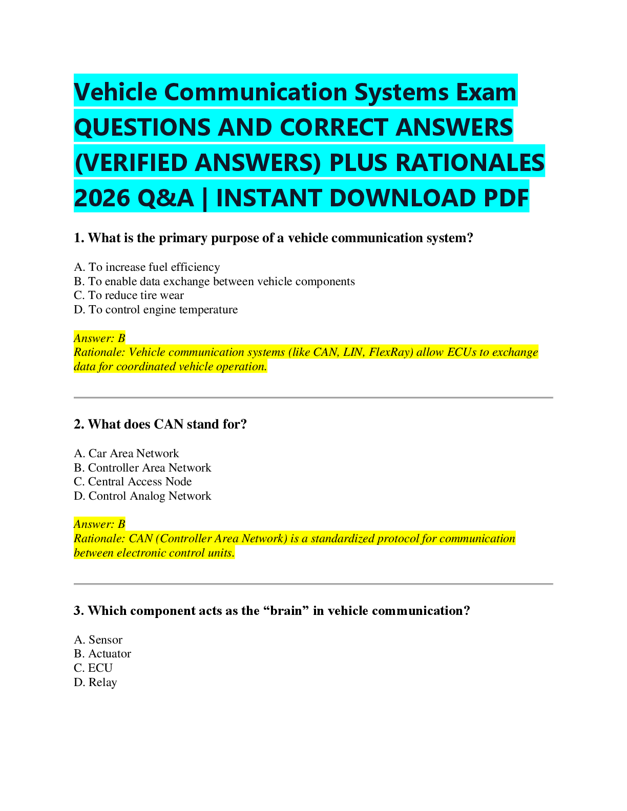 Recommended document preview for Vehicle Communication Systems Exam  QUESTIONS AND CORRECT ANSWERS  (VERIFIED ANSWERS) PLUS RATIONALES  2026 Q&A | INSTANT DOWNLOAD PDF