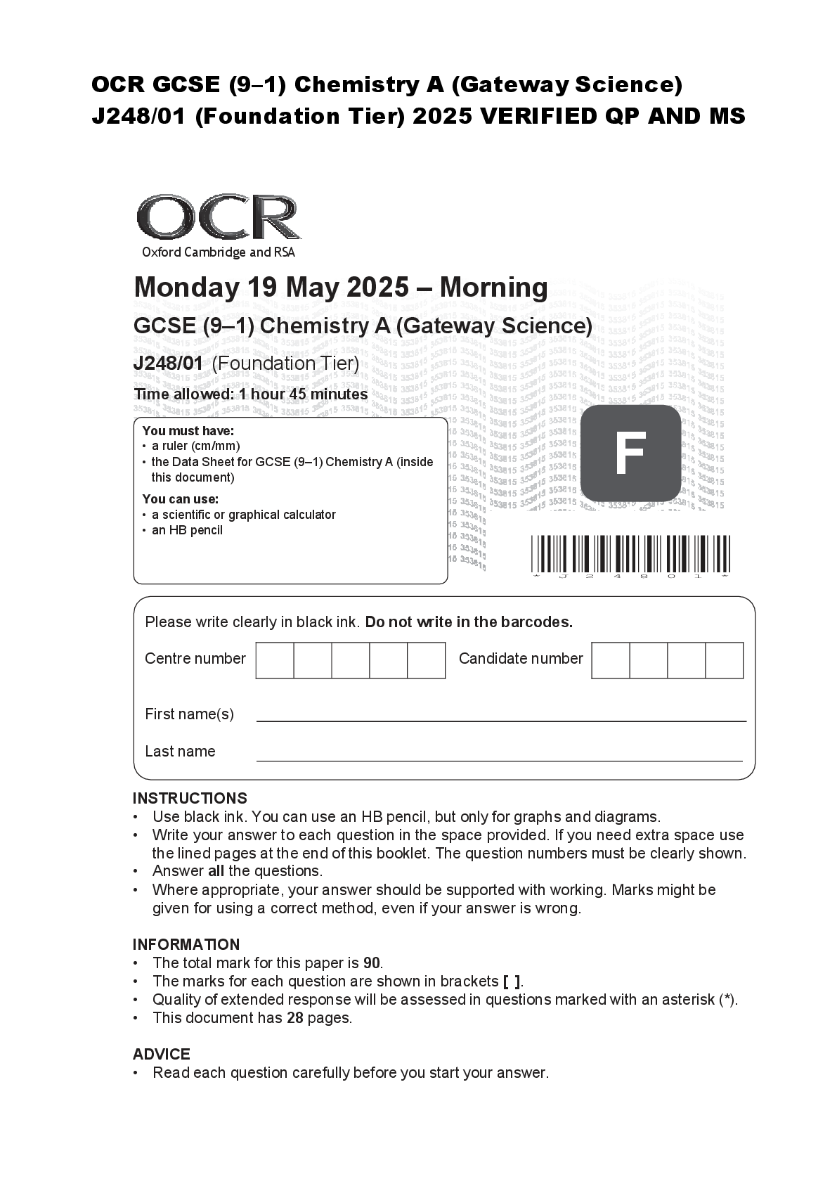 OCR GCSE (9–1) Chemistry A (Gateway Science)  J248/01 (Foundation Tier) 2025 VERIFIED QP AND MS