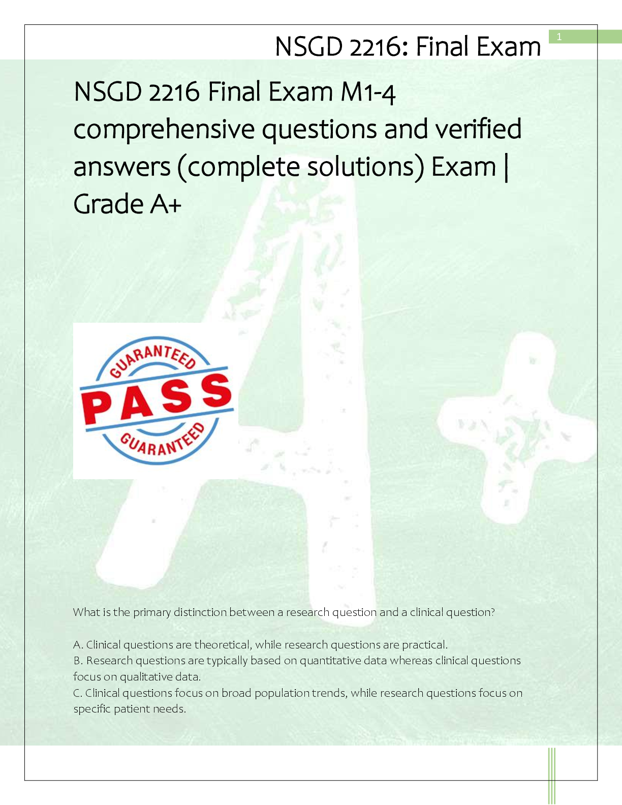 Recommended document preview for NSGD 2216 Final Exam M1-4  comprehensive questions and verified  answers (complete solutions) Exam |  Grade A+