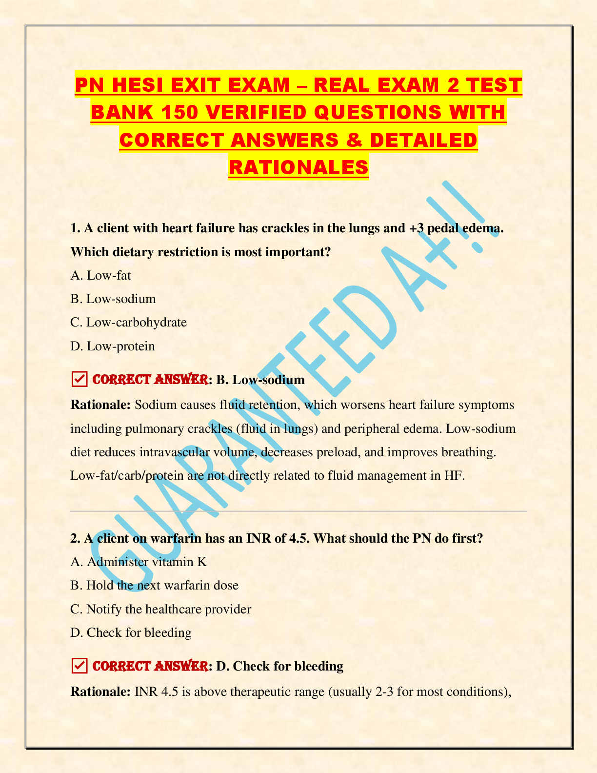 Recommended document preview for PN HESI EXIT EXAM – REAL EXAM 2 TEST BANK 150 VERIFIED QUESTIONS WITH CORRECT ANSWERS & DETAILED RATIONALES