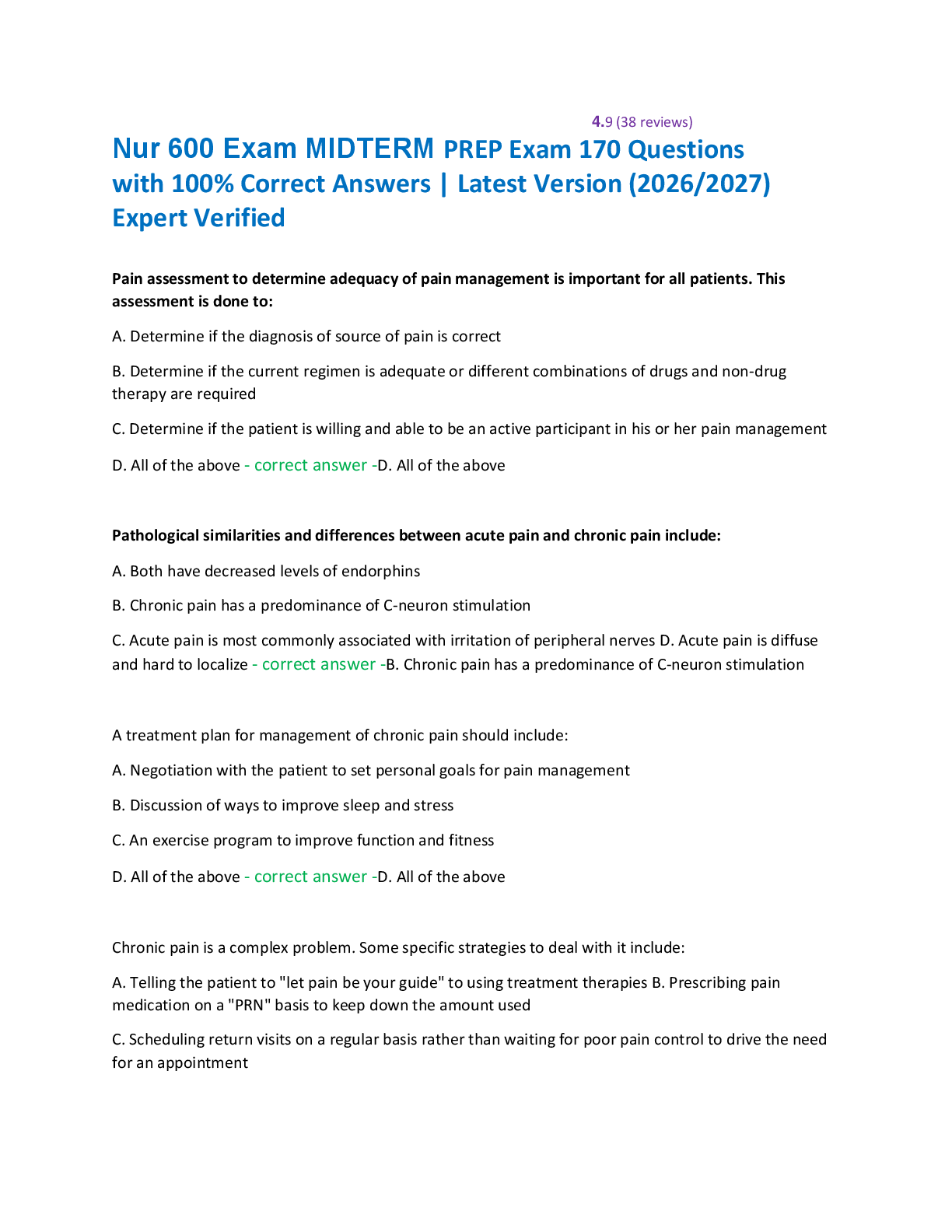 Recommended document preview for Nur 600 Exam MIDTERM PREP Exam 170 Questions  with 100% Correct Answers | Latest Version (2026/2027)  Expert Verified
