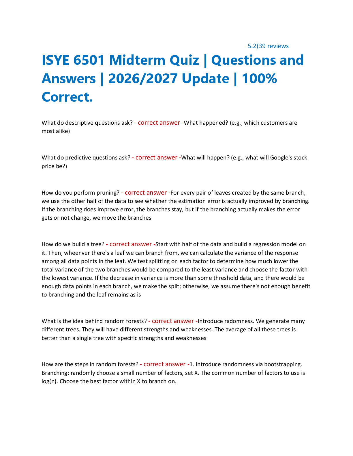 Recommended document preview for ISYE 6501 Midterm Quiz | Questions and  Answers | 2026/2027 Update | 100%  Correct.