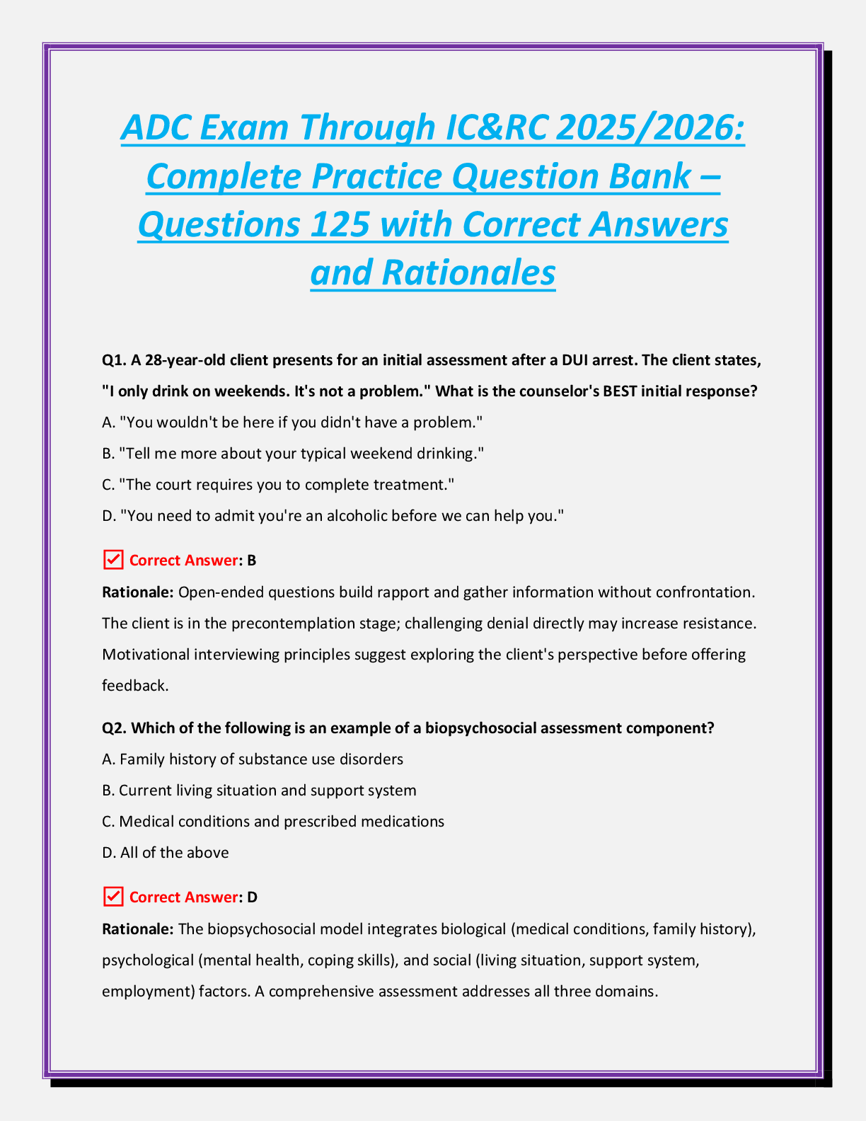Preview of ADC Exam Through IC&RC 2025/2026:  Complete Practice Question Bank –  Questions 125 with Correct Answers  and Rationales