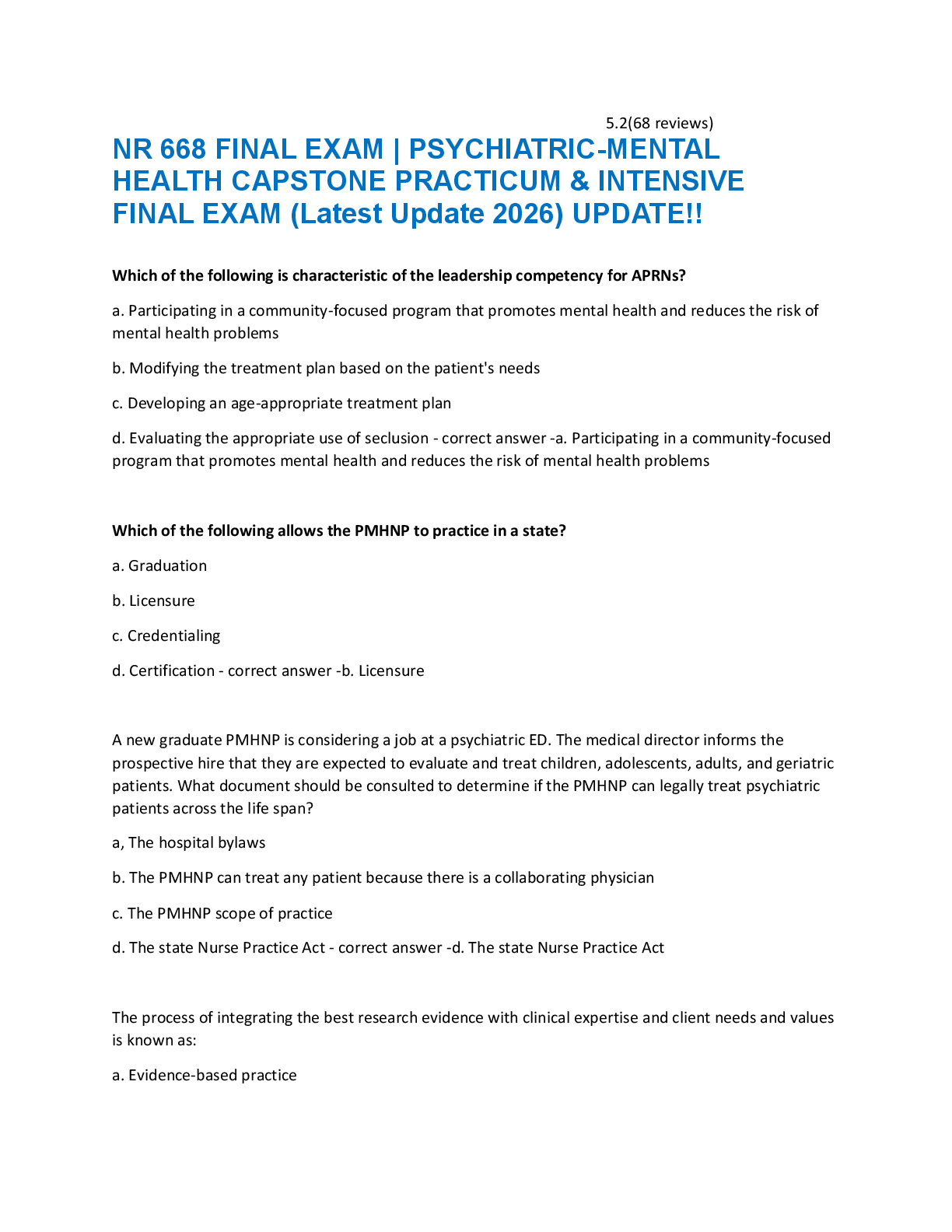 Recommended document preview for NR 668 FINAL EXAM | PSYCHIATRIC-MENTAL  HEALTH CAPSTONE PRACTICUM & INTENSIVE  FINAL EXAM (Latest Update 2026) UPDATE!!