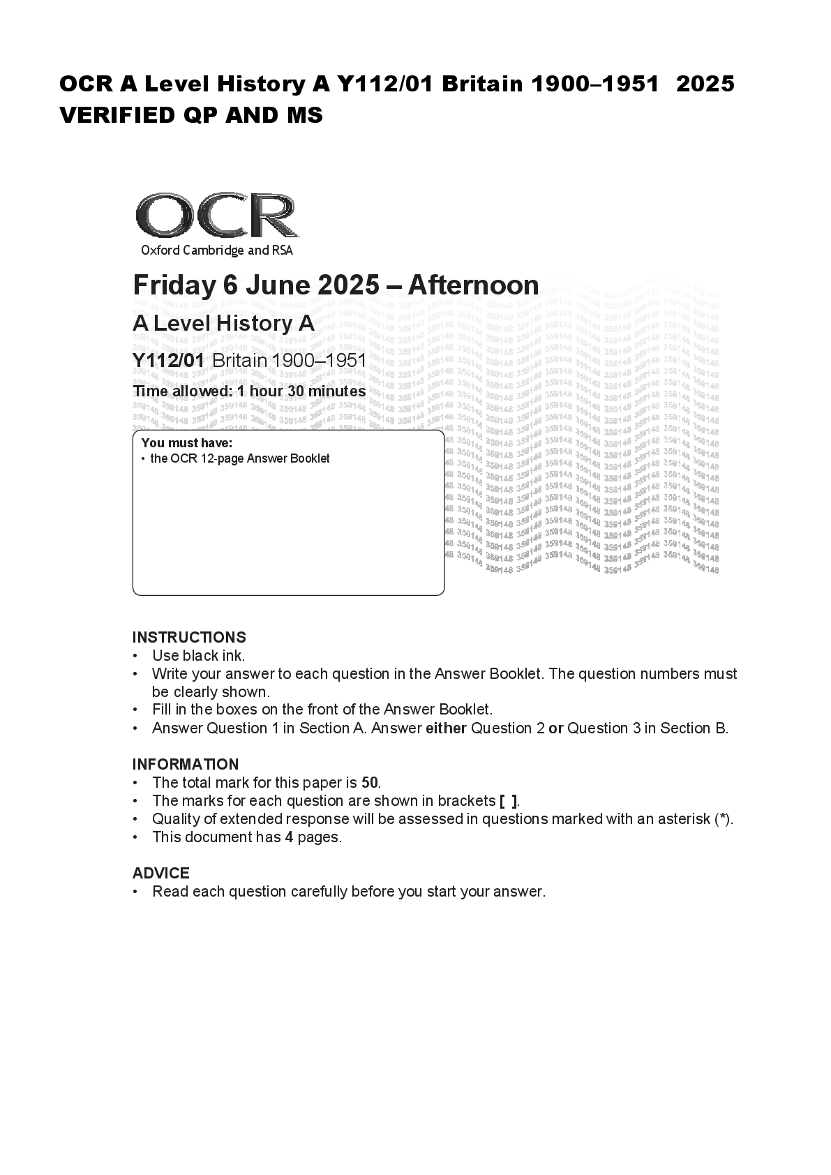 Preview of OCR A Level History A Y112/01 Britain 1900–1951  2025  VERIFIED QP AND MS