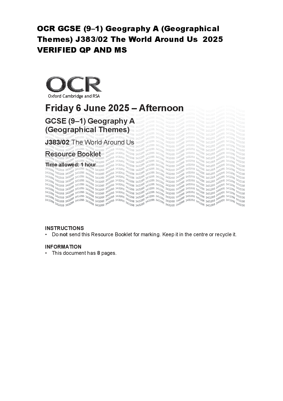 Preview of OCR GCSE (9–1) Geography A (Geographical  Themes) J383/02 The World Around Us  2025  VERIFIED QP AND MS