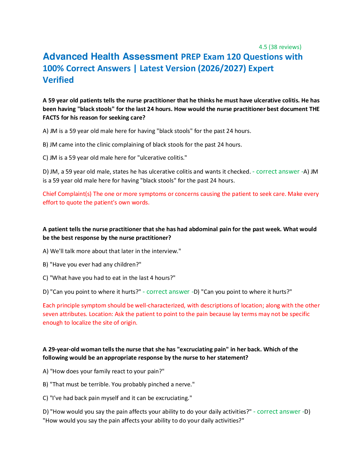 Recommended document preview for Advanced Health Assessment PREP Exam 120 Questions with  100% Correct Answers | Latest Version (2026/2027) Expert  Verified