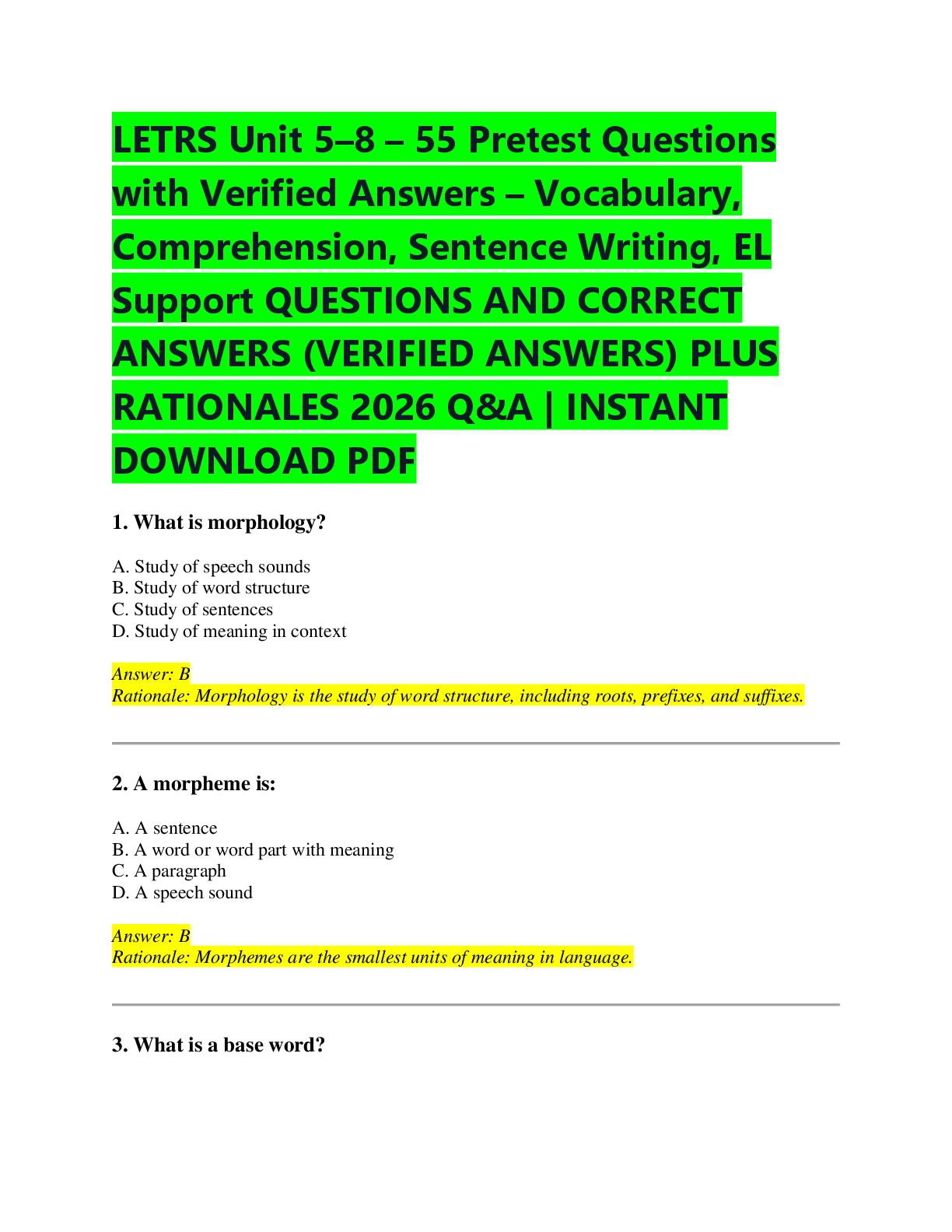 Recommended document preview for LETRS Unit 5–8 – 55 Pretest Questions  with Verified Answers – Vocabulary,  Comprehension, Sentence Writing, EL  Support QUESTIONS AND CORRECT  ANSWERS (VERIFIED ANSWERS) PLUS  RATIONALES 2026 Q&A | INSTANT  DOWNLOAD PDF