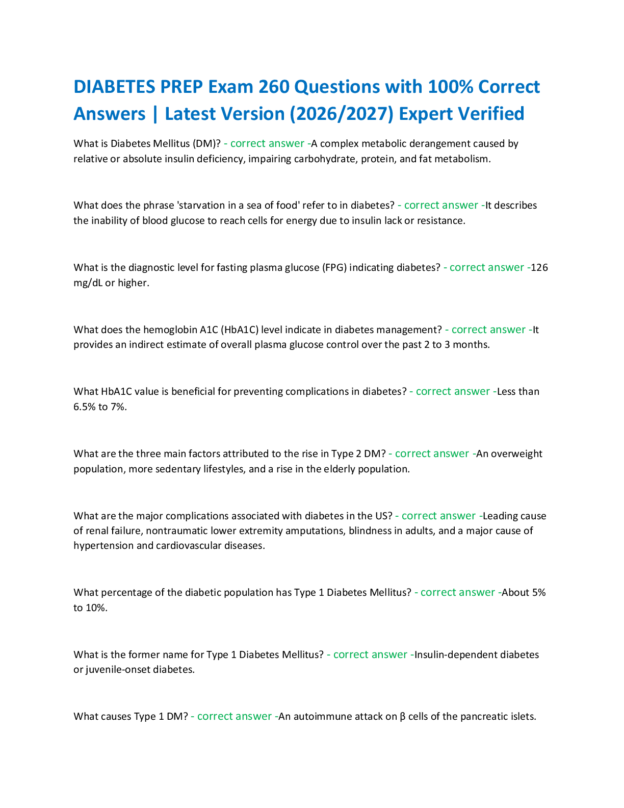 Recommended document preview for DIABETES PREP Exam 260 Questions with 100% Correct  Answers | Latest Version (2026/2027) Expert Verified