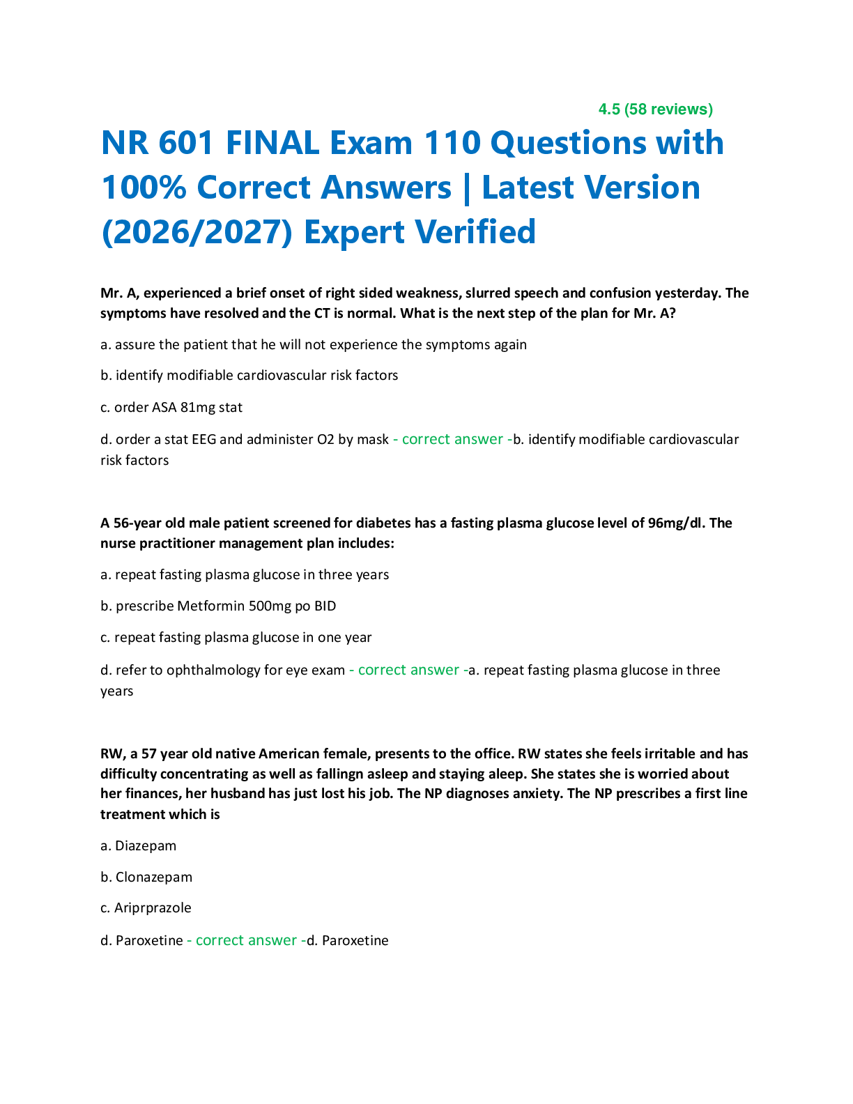 Recommended document preview for NR 601 FINAL Exam 110 Questions with  100% Correct Answers | Latest Version  (2026/2027) Expert Verified