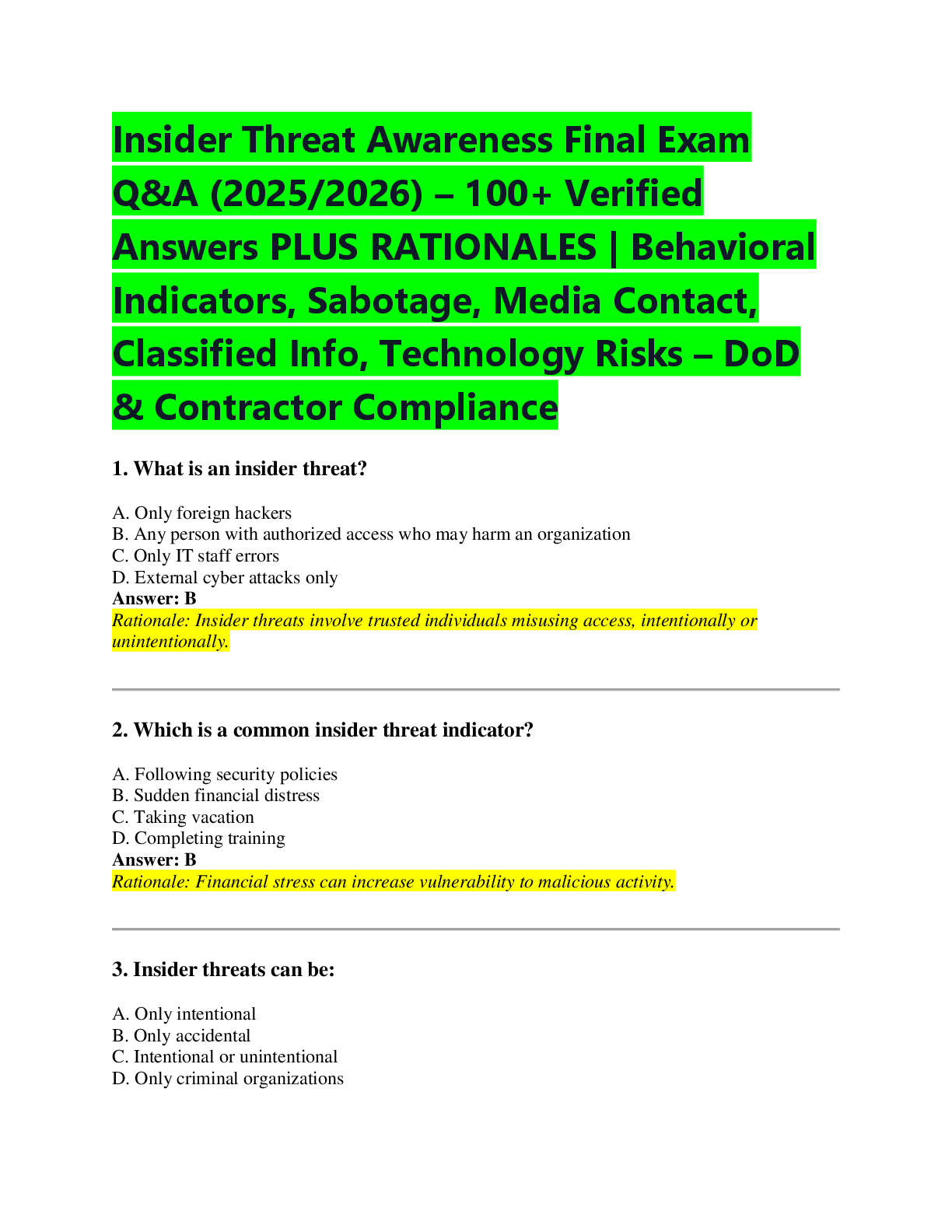 Preview of Insider Threat Awareness Final Exam  Q&A (2025/2026) – 100+ Verified  Answers PLUS RATIONA