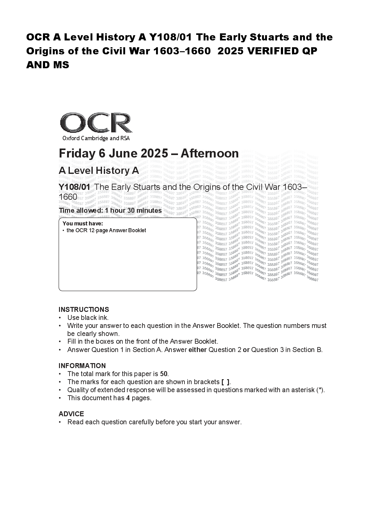 Recommended document preview for OCR A Level History A Y108/01 The Early Stuarts and the  Origins of the Civil War 1603–1660  2025 VERIFIED QP  AND MS