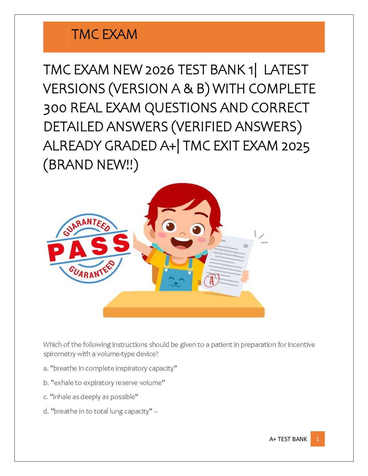 Recommended document preview for TMC EXAM NEW 2026 TEST BANK 1|  LATEST  VERSIONS (VERSION A & B) WITH COMPLETE  300 REAL EXAM QUESTIONS AND CORRECT  DETAILED ANSWERS (VERIFIED ANSWERS)  ALREADY GRADED A+| TMC EXIT EXAM 2025  (BRAND NEW!!)