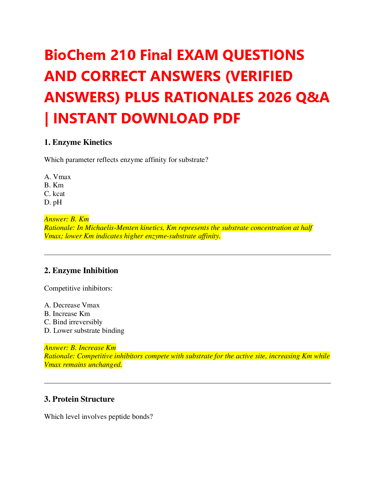 Recommended document preview for BioChem 210 Final EXAM QUESTIONS  AND CORRECT ANSWERS (VERIFIED  ANSWERS) PLUS RATIONALES 2026 Q&A  | INSTANT DOWNLOAD PDF