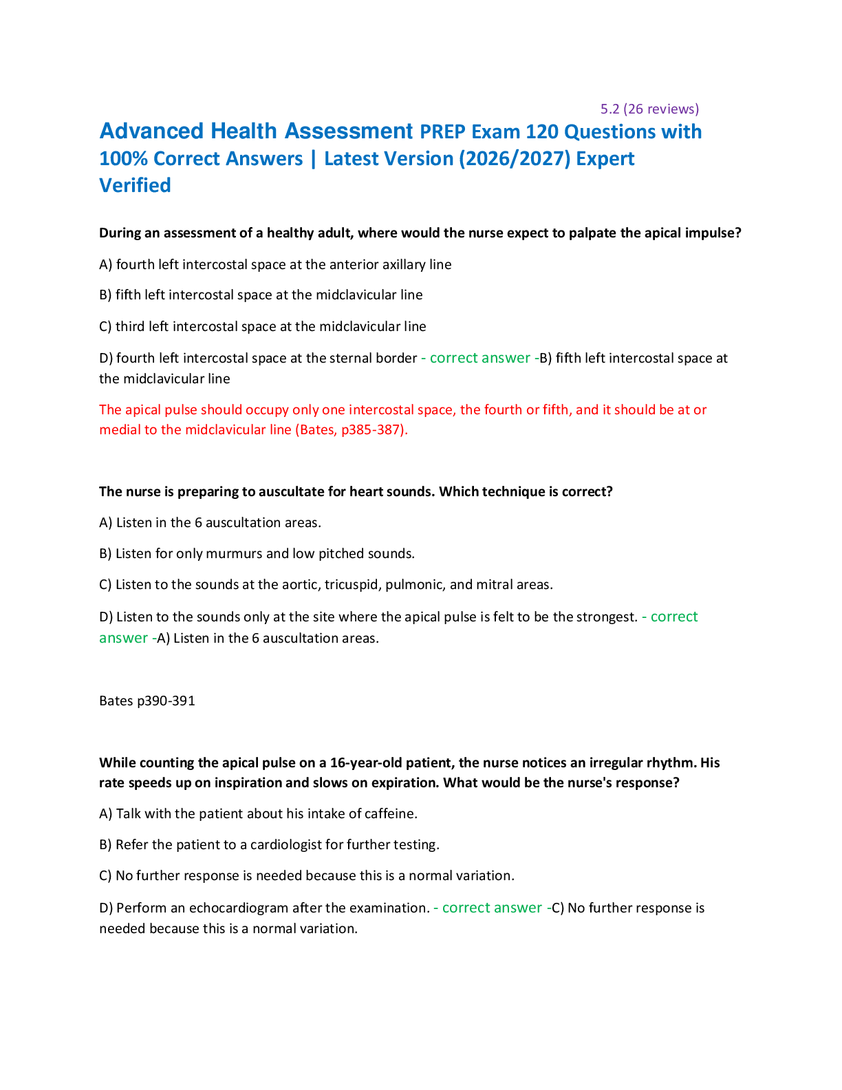 Recommended document preview for Advanced Health Assessment PREP Exam 120 Questions with  100% Correct Answers
