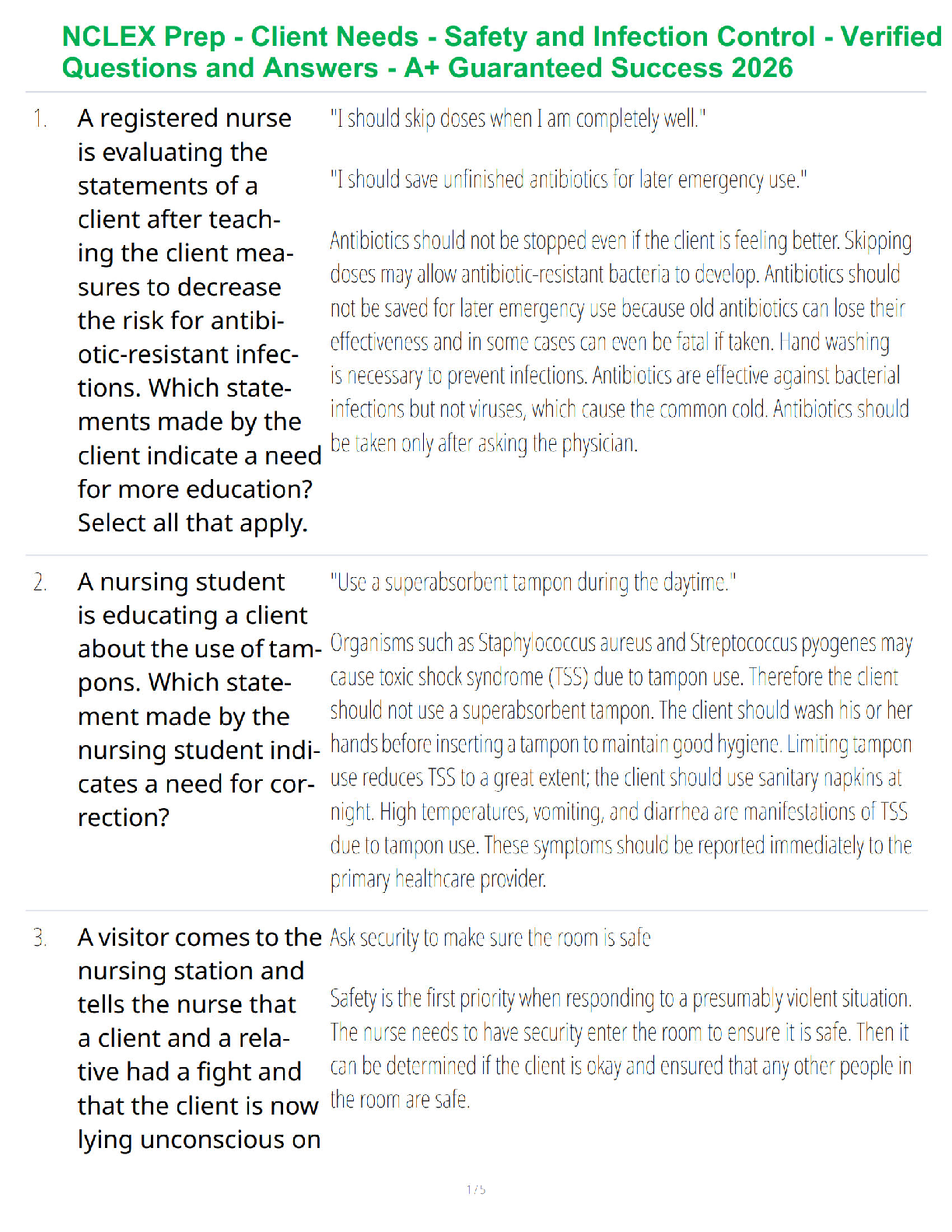 Recommended document preview for NCLEX Prep - Client Needs - Safety and Infection Control - Verified Questions and Answers - A+ Guaranteed Success 2026