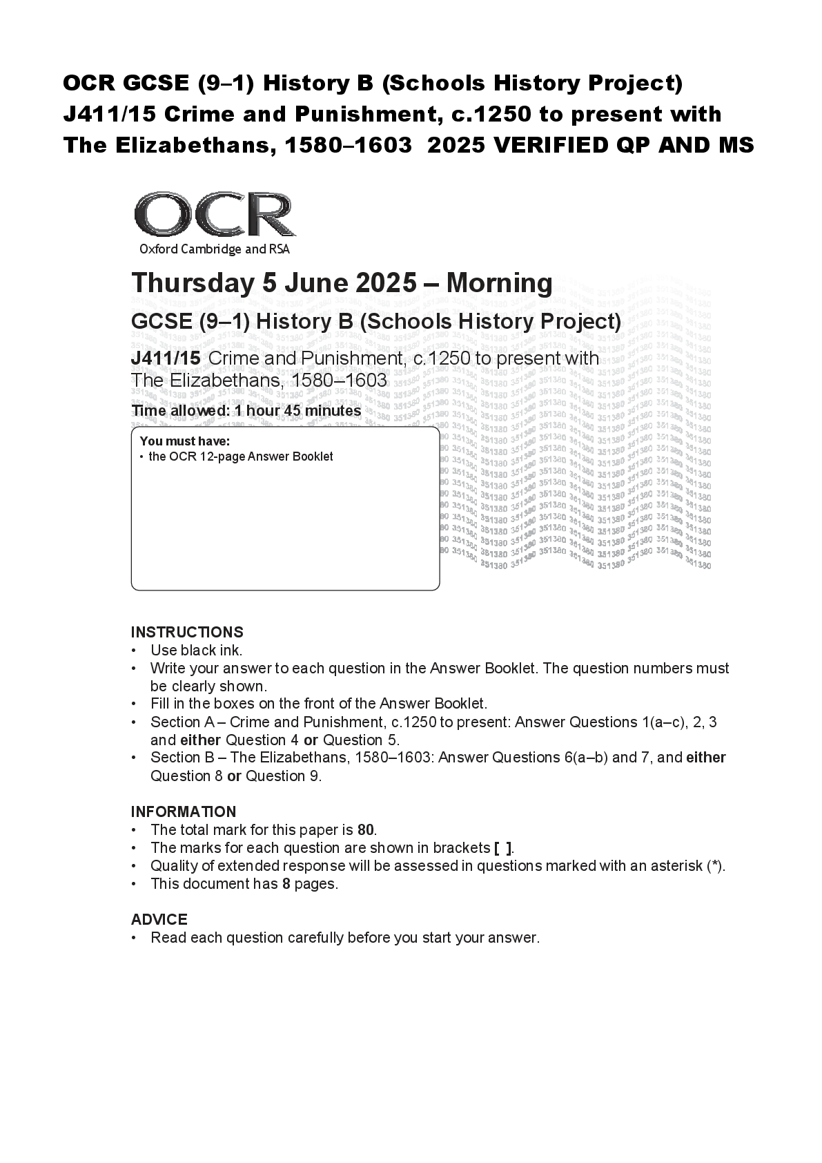 Recommended document preview for OCR GCSE (9–1) History B (Schools History Project)  J411/15 Crime and Punishment, c.1250 to present with  The Elizabethans, 1580–1603  2025 VERIFIED QP AND MS