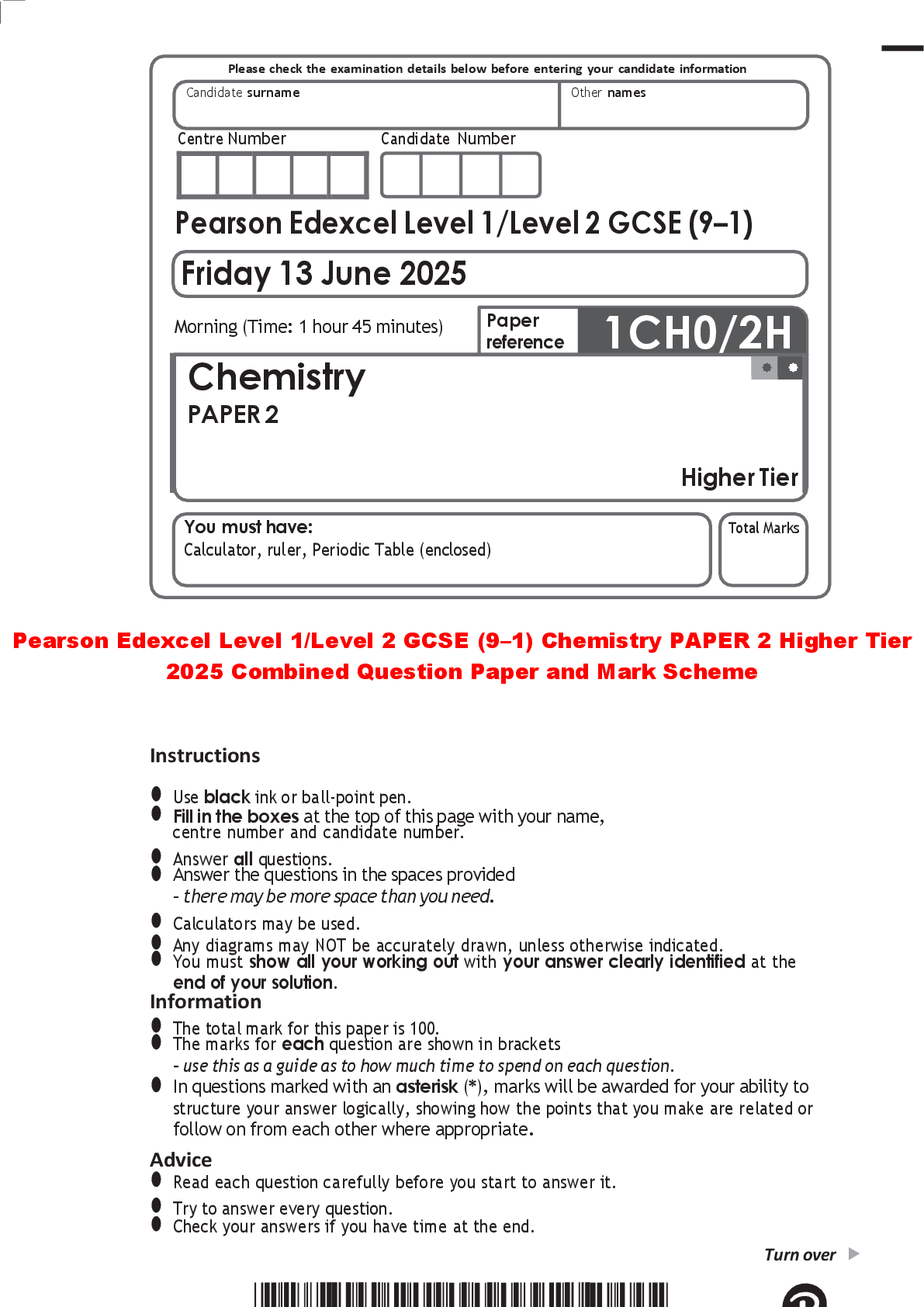 Preview of Pearson Edexcel Level 1/Level 2 GCSE (9–1) Chemistry PAPER 2 Higher Tier 2025 Combined Que
