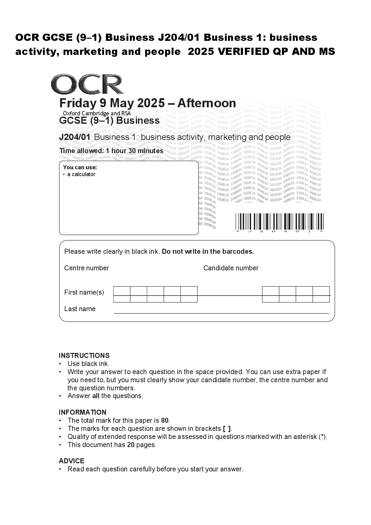 Preview of OCR GCSE (9–1) Business J204/01 Business 1: business  activity, marketing and people  2025