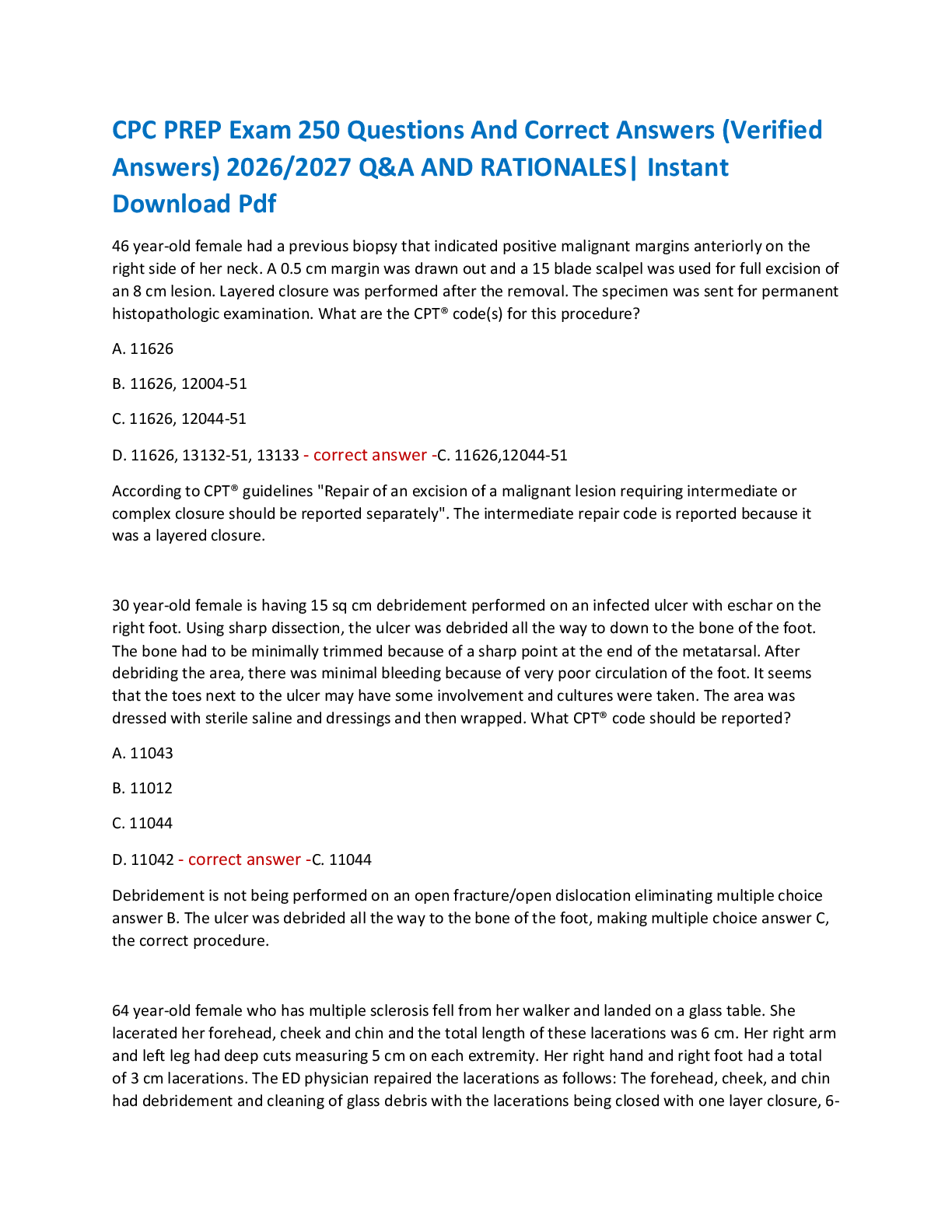Recommended document preview for CPC PREP Exam 250 Questions And Correct Answers (Verified  Answers) 2026/2027 Q&A AND RATIONALES| Instant  Download Pdf