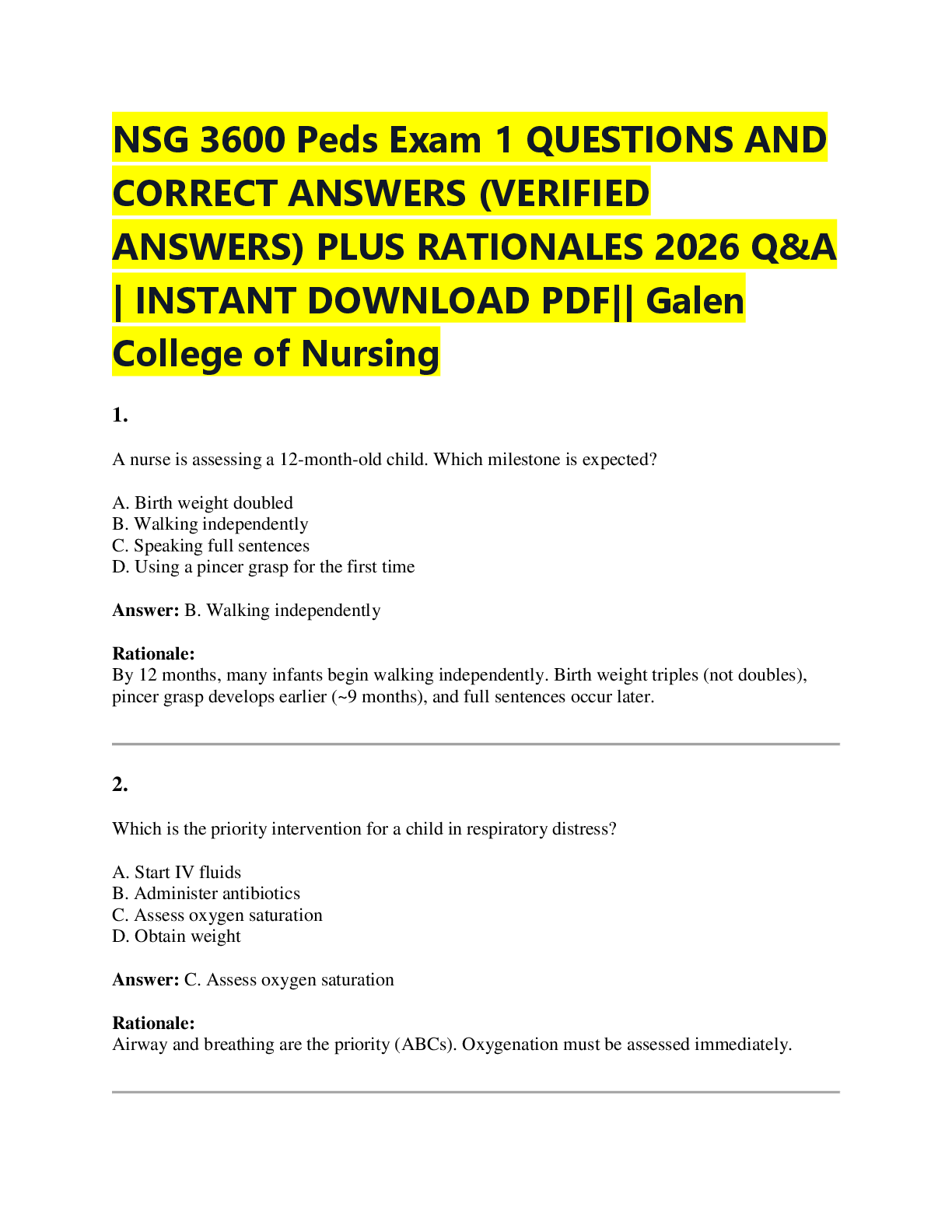 Preview of NSG 3600 Peds Exam 1 QUESTIONS AND  CORRECT ANSWERS (VERIFIED  ANSWERS) PLUS RATIONALES 20