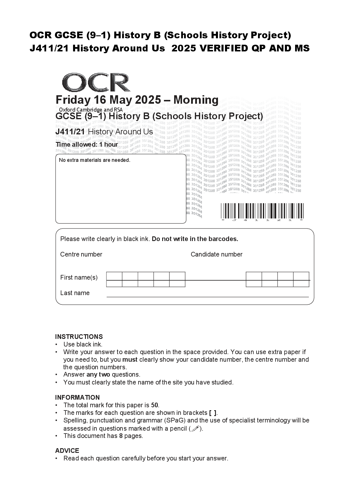 Recommended document preview for OCR GCSE (9–1) History B (Schools History Project)  J411/21 History Around Us  2025 VERIFIED QP AND MS