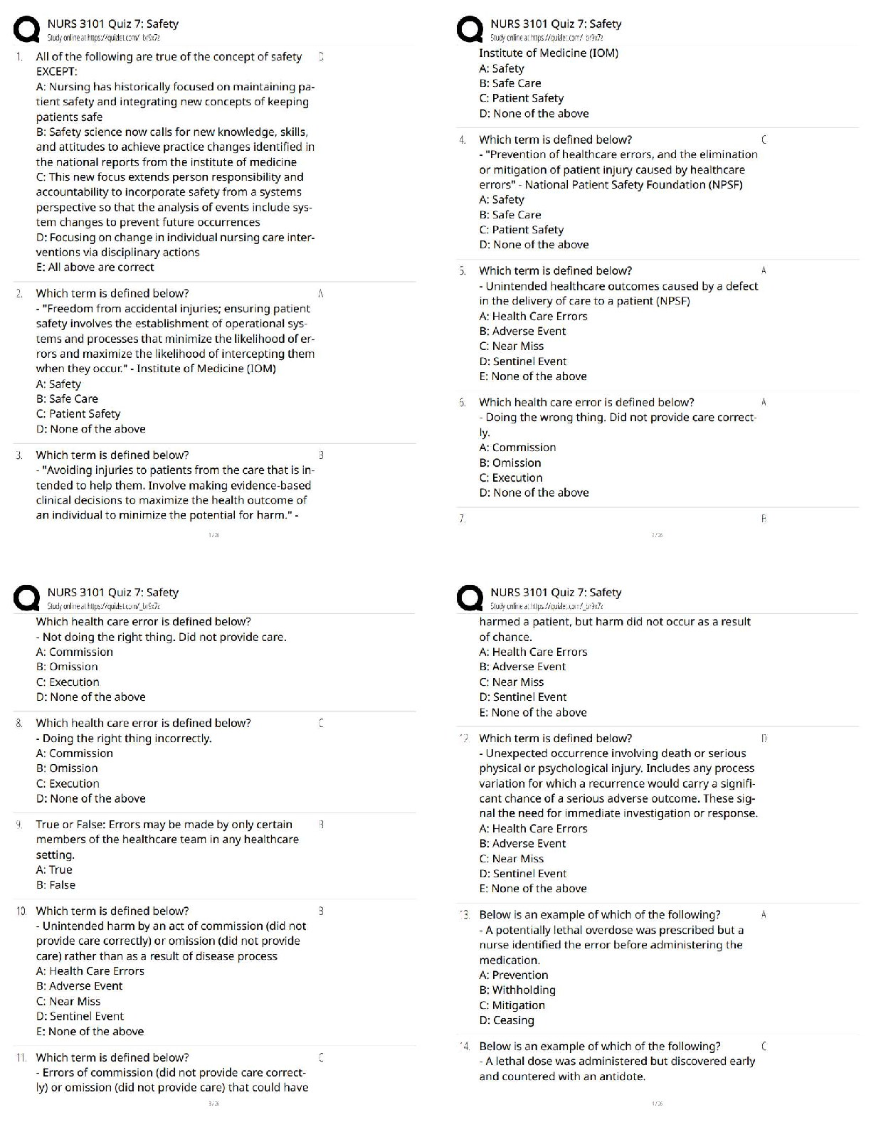 Recommended document preview for NURS 3101 Quiz 7 Safety / Score 100% / New Version / 2026 Update / Nursing Practice Questions & Answers