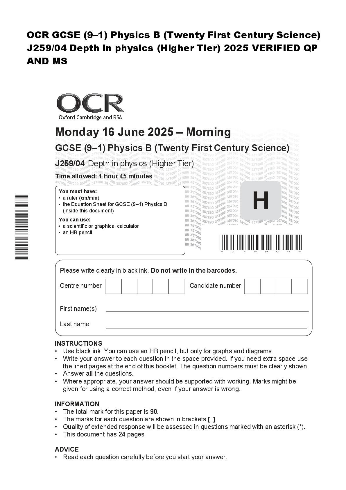 Preview image for OCR GCSE (9–1) Physics B (Twenty First Century Science)  J259/04 Depth in physics (Higher Tier) 2025 VERIFIED QP  AND MS