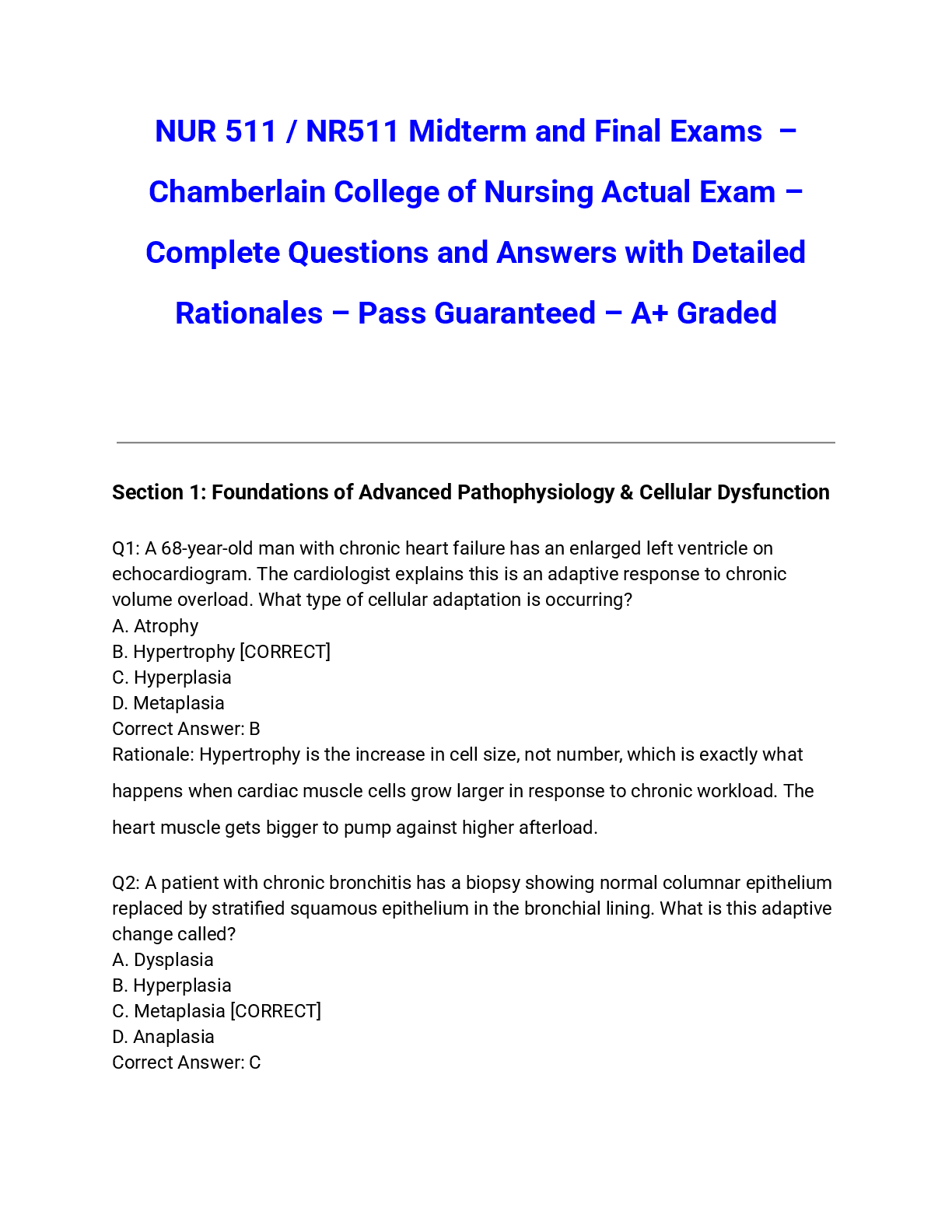 Preview of NUR 511 / NR511 Midterm and Final Exams (2026/2027) – Chamberlain College of Nursing Actual Exam – Complete Questions and Answers with Detailed Rationales – Pass Guaranteed – A+ Graded