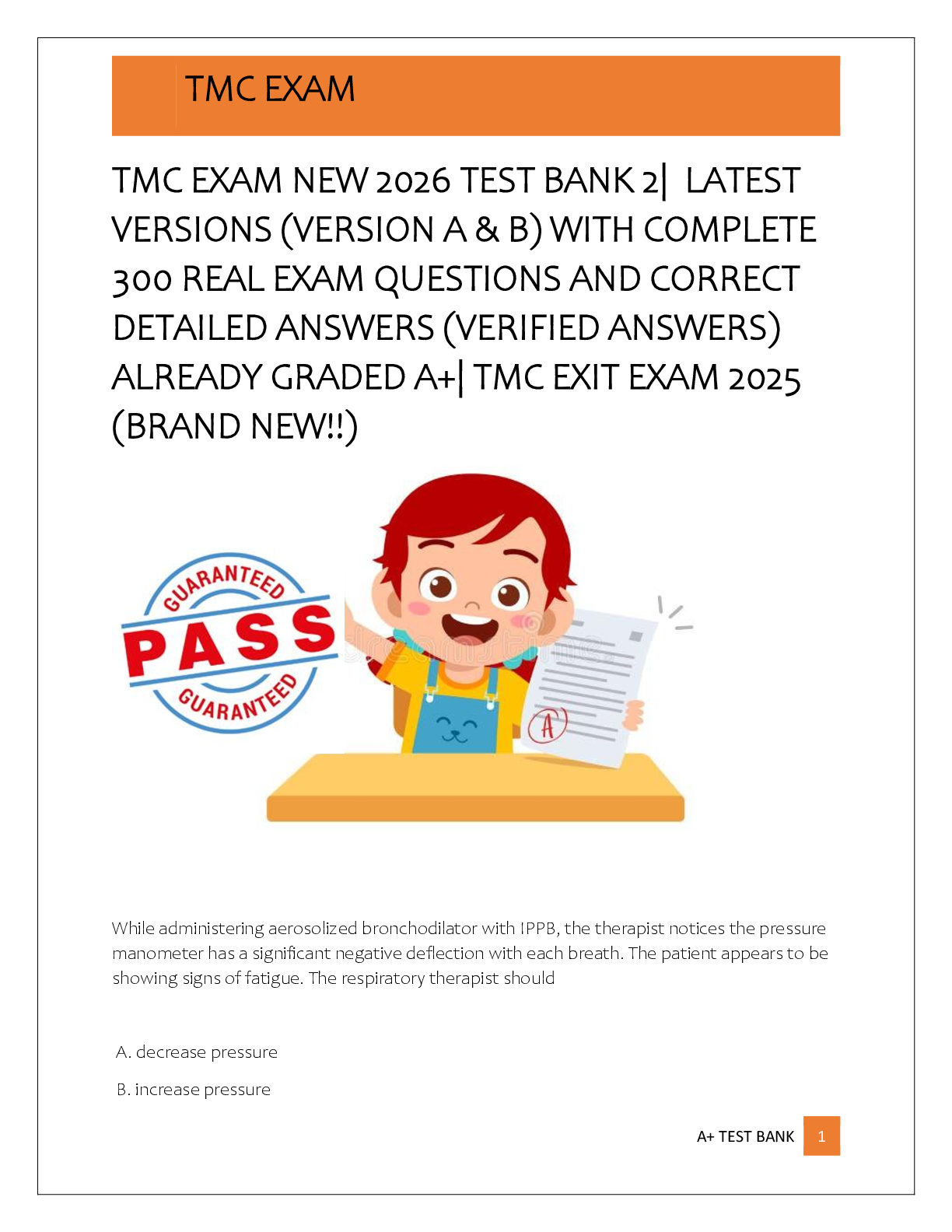 Recommended document preview for TMC EXAM NEW 2026 TEST BANK 2|  LATEST  VERSIONS (VERSION A & B) WITH COMPLETE  300 REAL EXAM QUESTIONS AND CORRECT  DETAILED ANSWERS (VERIFIED ANSWERS)  ALREADY GRADED A+| TMC EXIT EXAM 2025  (BRAND NEW!!)