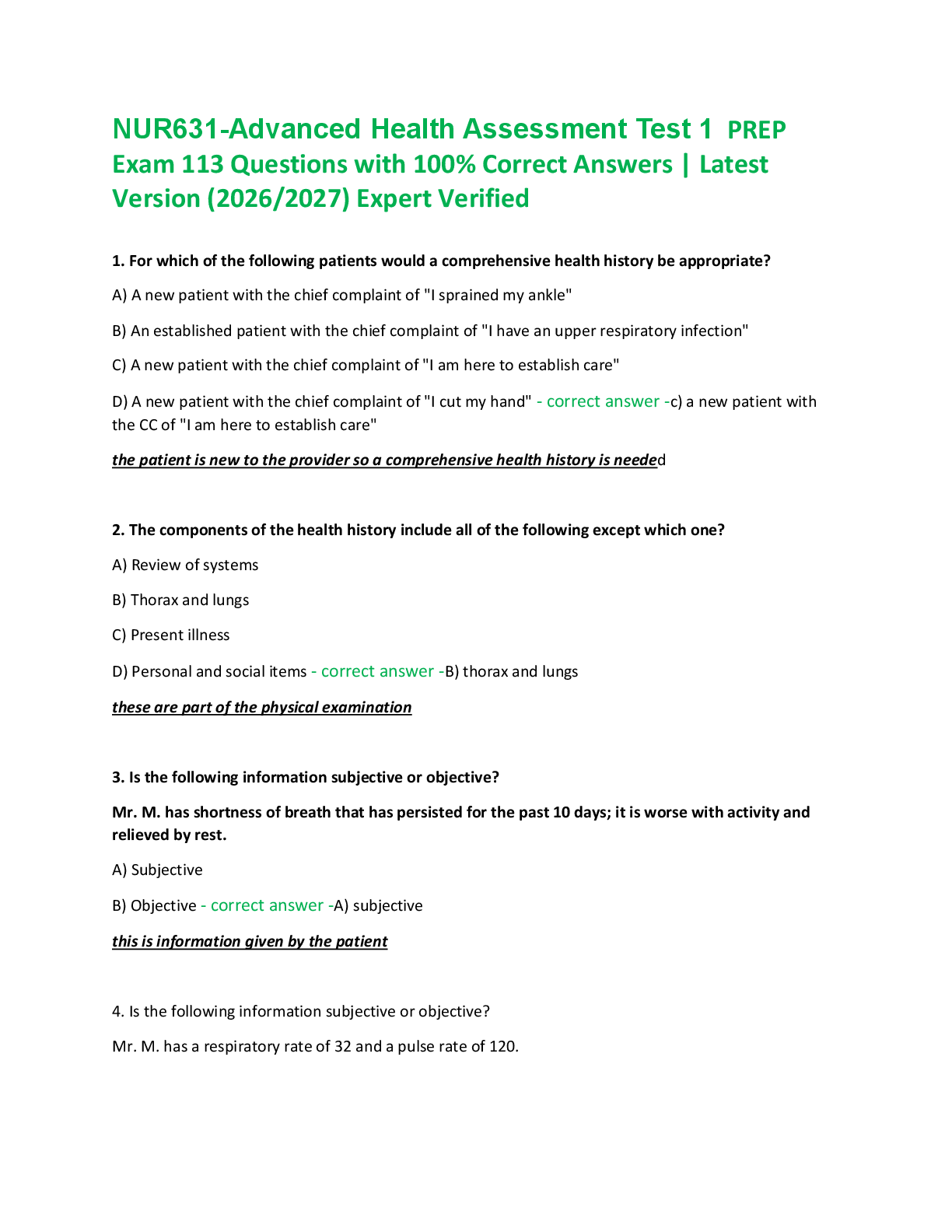 Recommended document preview for NUR631-Advanced Health Assessment Test 1  PREP  Exam 113 Questions with 100% Correct Answers | Latest  Version (2026/2027) Expert Verified